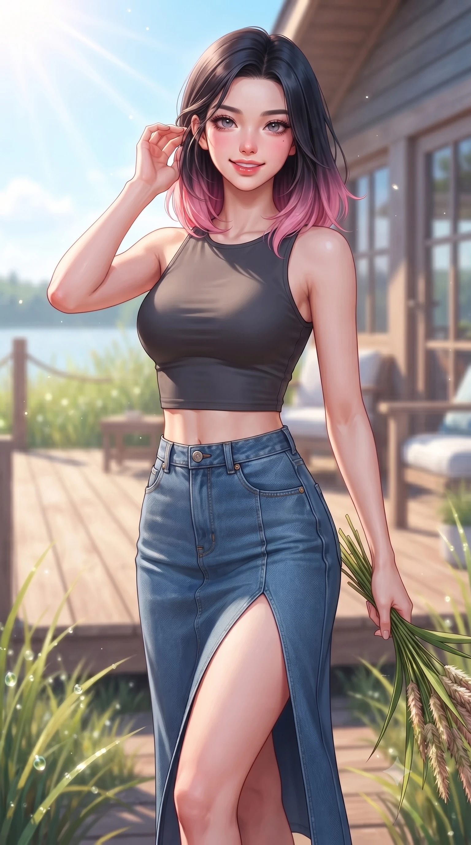 score_9, masterpiece, best quality, ultra-detailed, high-budget anime keyframe, editorial fashion photography, tasteful artistic composition, Korean woman. close-up cowboy shot from the waist and thighs up, the character dominates the composition, filling the frame with her large presence, background elements kept in soft focus. smiling cutely while gently brushing a strand of hair behind her ear set against a soft-focus background of on a wooden deck of a lakeside cottage surrounded by beachgrass holding a bunch of fresh river reeds with a happy, cute expression. She has an exceptionally elegant, slender, and willowy female figure with an ultra-slim waist, a gracefully sculpted slender torso, and a refined silhouette. sharp v-shaped jawline, high-bridge nose, intricate jewel-like eyes with depth, thick eyelashes, glossy lips with a natural sheen. wearing form-contouring stylish crop top paired with a high-slit denim midi skirt. bright morning sun rays creating fresh dewdrop reflections on the grass. highly saturated vibrant anime colors, detailed shading with soft gradients, rich glossy textures, high-contrast stereoscopic depth, volumetric dynamic lighting, master piece, 9:16 ratio