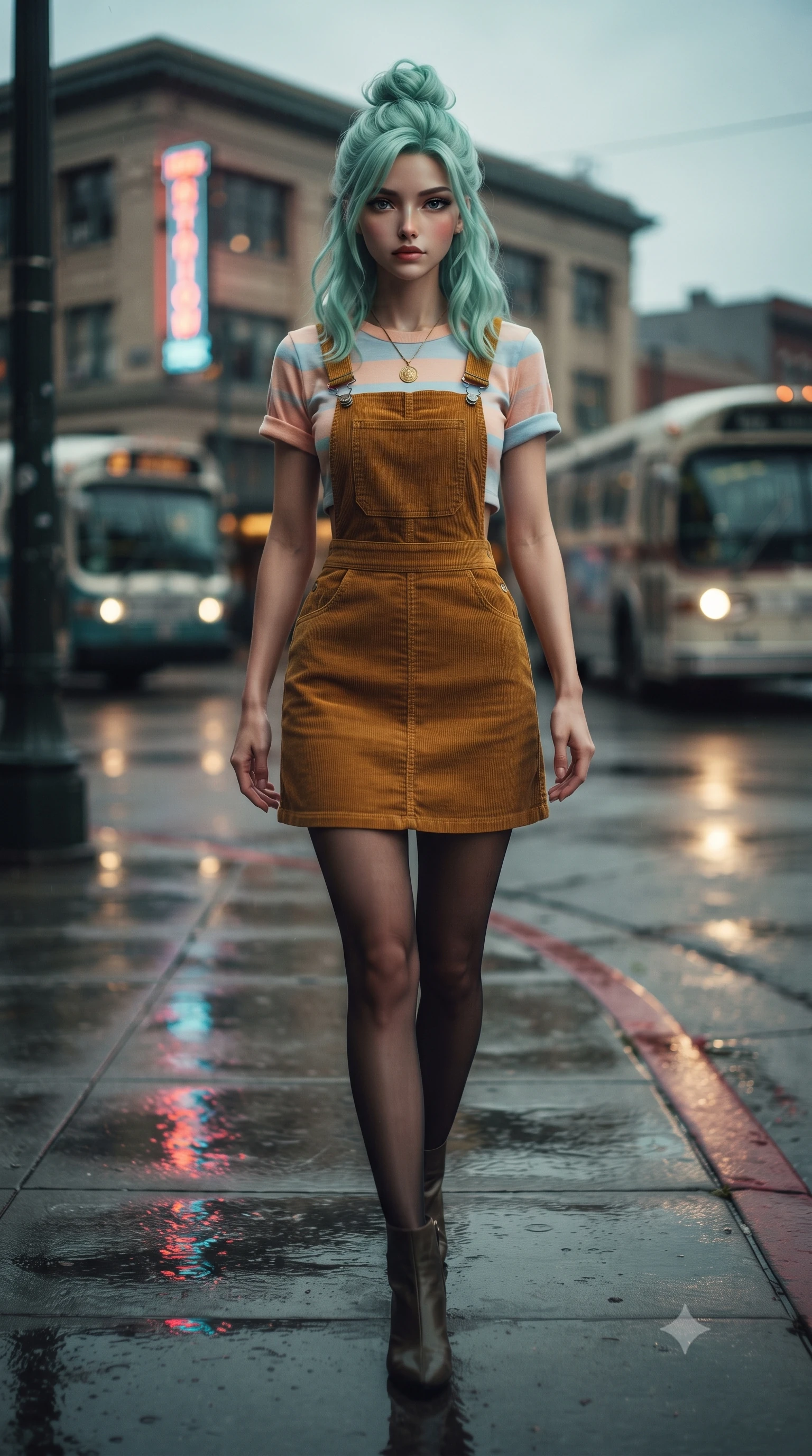 score_9, masterpiece, best quality, ultra-detailed, high-budget anime keyframe, editorial fashion photography, tasteful artistic composition, Japanese woman. low angle full-body shot from head to toe showing her feet, filling the entire 9:16 vertical frame with her statuesque presence, stretching her vertical silhouette. striding forward in a proud, dynamic supermodel runway stride, her statuesque vertical silhouette commanding the entire frame while twirling on the wet sidewalk corner as neon reflection puddles create mirror images of her slender silhouette. The composition keeps background elements in soft focus with creamy bokeh. retro street corner architecture and passing vintage buses softened in moody 35mm film depth. She has an absolutely perfect, statuesque 8.5-heads proportion, an exceptionally tall and slender model-like female figure with impossibly long slender legs, a toned flat midriff, and an ultra-slim waist. sharp v-shaped jawline, high-bridge nose, intricate jewel-like eyes with depth, thick eyelashes, glossy lips with a natural sheen, captivating and magnetic expression, flawlessly proportioned anatomical accuracy, strict slender model proportions, natural body alignment, perfectly sculpted long slender limbs, ultra-slim waistline, clean dynamic posture without body distortion. wearing a vintage corduroy dungaree dress layered over a pastel striped baby-tee with rolled cuffs in soft peach and French sky blue, crafted from liquid-smooth silk satin with subtle floral jacquard, accented with a vintage gold coin pendant necklace and dark sheer tights, the precision-cut daring openings accentuating her delicate midriff, graceful bare collarbones, and ultra-slim feminine waistline. surrounded by an emotional, poetic, and heartwarming vintage movie heroine aura. ultra-reflective glossy finish, specular highlights, rich textural contrasts, high-contrast stereoscopic depth, volumetric dynamic lighting, 2k, ultra detail, master piece, 9:16 ratio