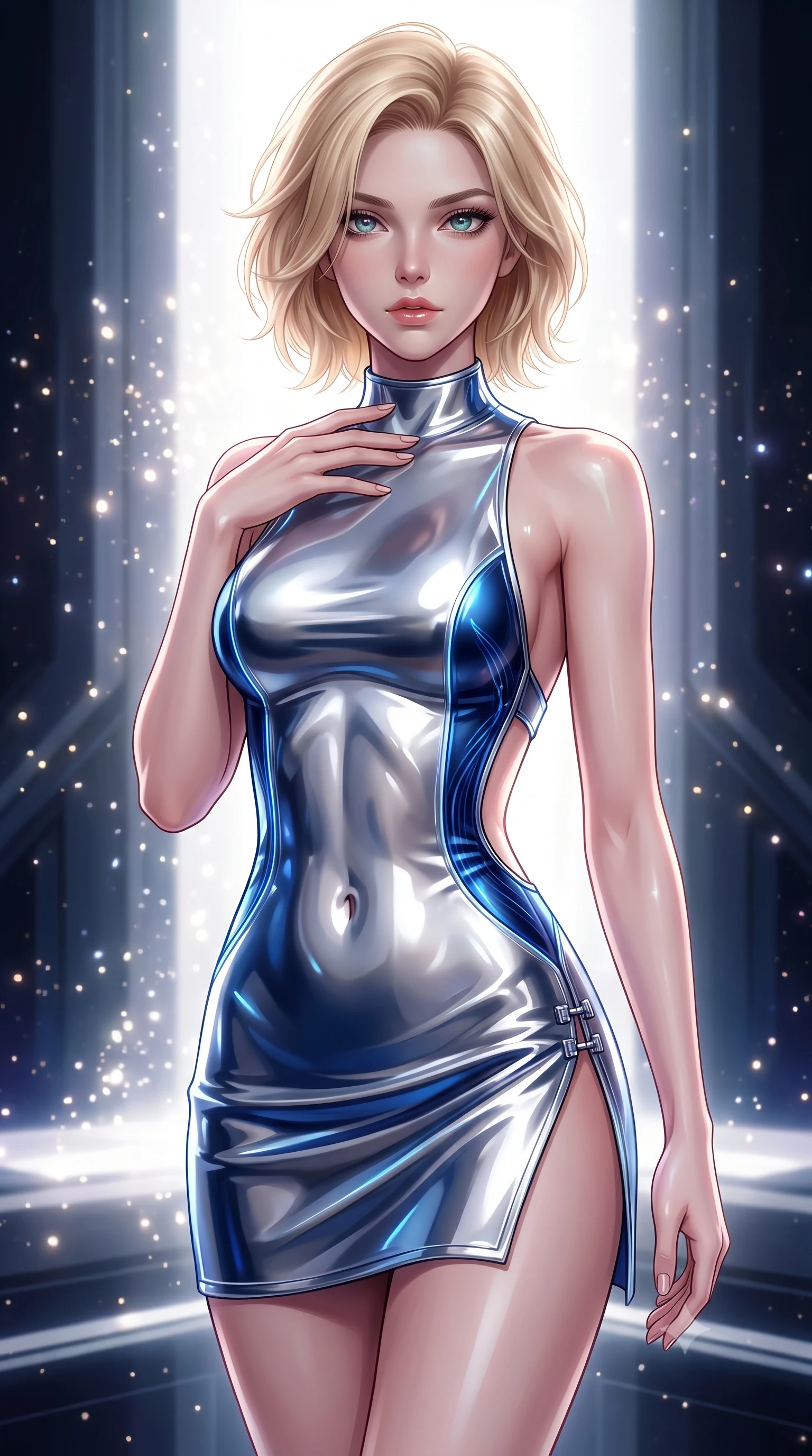 score_9, masterpiece, best quality, ultra-detailed, high-budget anime keyframe, semi-realistic 3D game render, editorial fashion photography, tasteful artistic composition, Caucasian woman. close-up cowboy shot from the waist and thighs up, the character dominates the composition, filling the frame with her large presence. gazing forward with divine sovereign poise, captivating jewel-like eyes shining with transcendent luminescence and alluring grace while resting one hand near her clavicle while floating gracefully with an omnipotent, celestial gaze looking into the lens. The surrounding environment is rendered in vivid detail and crisp panoramic clarity. transcendent chiaroscuro contrast between blinding particle light and deep space architecture in precision. She has an exceptionally elegant, slender, and willowy female figure with an ultra-slim waist, a gracefully sculpted slender torso, toned flat midriff, and a refined slim silhouette. sharp v-shaped jawline, high-bridge nose, intricate jewel-like eyes with depth, thick eyelashes, glossy lips with a natural sheen, flawlessly proportioned anatomical accuracy, strict slender model proportions, natural body alignment, perfectly sculpted long slender limbs, ultra-slim waistline, clean dynamic posture without body distortion. wearing a high-gloss lacquer cyber-couture mini dress with an open-back architectural cut and subtle glowing micro-filaments in liquid platinum silver and deep sapphire blue LED filaments, crafted from ultra-reflective second-skin liquid metal with a mirror-like polish, finished with an ultra-high side slit secured by miniature magnetic clasps, the precision-cut daring openings accentuating her delicate midriff, graceful bare collarbones, and ultra-slim feminine waistline. surrounded by an awe-inspiring, divine, and radiantly transcendent machine-muse sovereignty aura. rich saturated anime colors with glowing neon highlights, detailed shading with soft gradients, rich glossy textures, high-contrast stereoscopic depth, volumetric dynamic lighting, master piece, 9:16 ratio