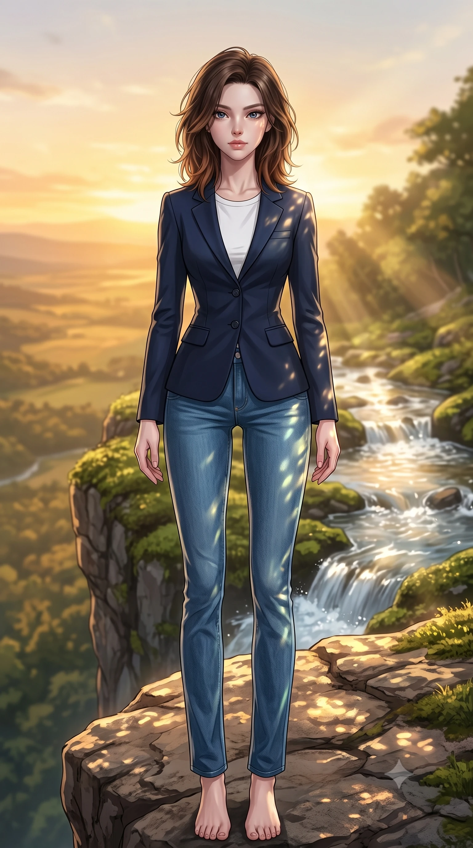 score_9, masterpiece, best quality, ultra-detailed, high-budget anime keyframe, editorial fashion photography, tasteful artistic composition, Korean woman woman. low angle full-body shot from head to toe showing her feet, filling the entire 9:16 vertical frame with her statuesque presence, stretching her vertical silhouette. standing proud on a scenic cliff overlooking the valley, her silhouette framed by the golden sky the background shows a soft-focus a mossy stone bank beside a bubbling forest stream with clear running water. She has an absolutely perfect, statuesque 8.5-heads proportion, an exceptionally tall and slender model-like female figure with impossibly long slender legs and an ultra-slim waist. sharp v-shaped jawline, high-bridge nose, intricate jewel-like eyes with depth, thick eyelashes, glossy lips with a natural sheen. wearing a body-hugging classic navy blue blazer over a white crewneck shirt and straight-leg blue jeans. dappled sunbeams reflecting off the moving water surface onto her form. 2k, ultra detail, master piece, 9:16 ratio