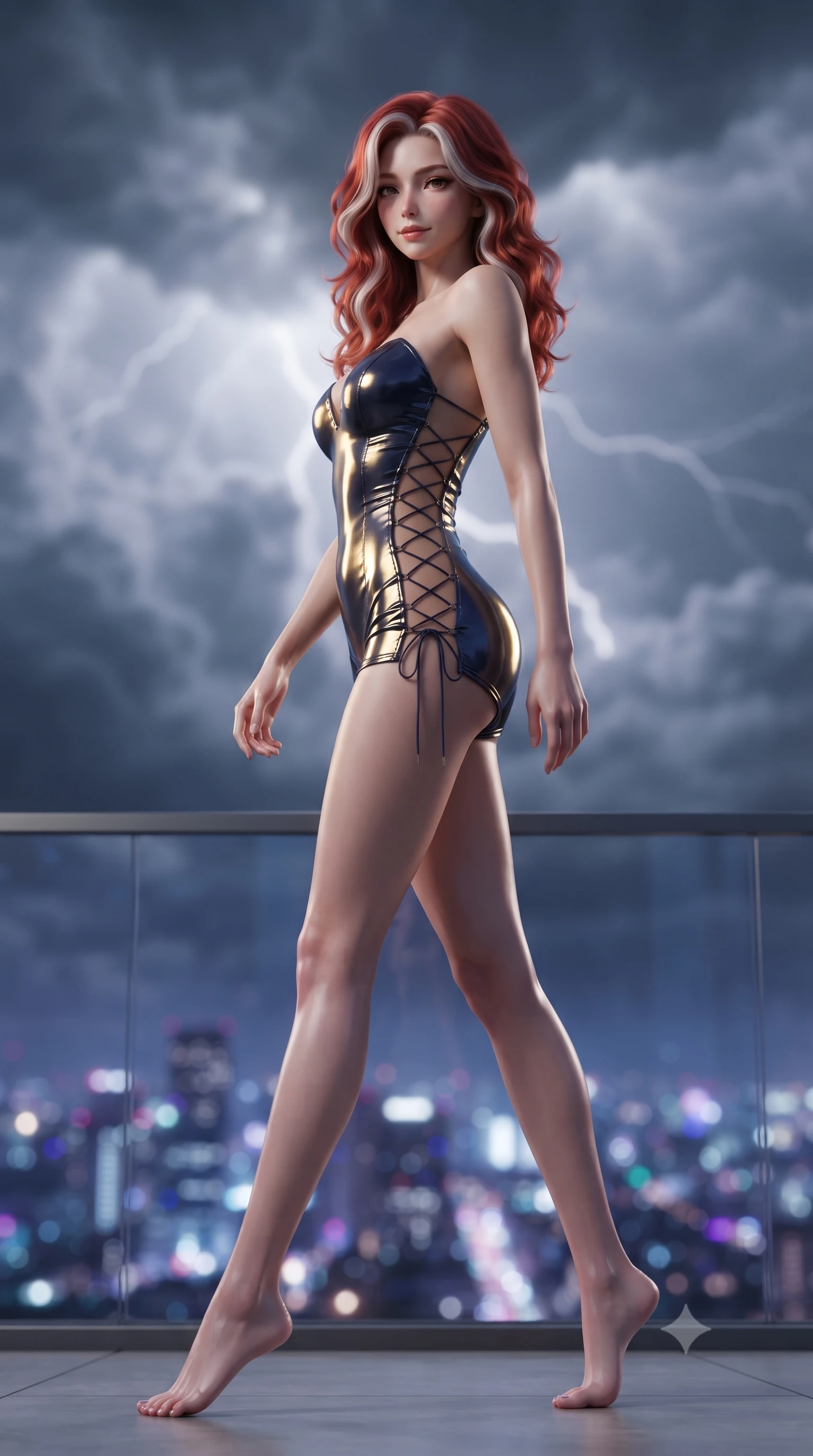 score_9, masterpiece, best quality, ultra-detailed, high-budget anime keyframe, editorial fashion photography, tasteful artistic composition, Caucasian woman. low angle full-body shot from head to toe showing her feet, filling the entire 9:16 vertical frame with her statuesque presence, stretching her vertical silhouette. walking along the terrace with poise, looking back over her bare shoulder with an irresistible smoldering bedroom-gaze while twisting her slender torso in an alluring contrapposto stance, skyscraper spotlight beams tracing her narrow waist, flat midriff, and hips. The background shows a soft-focus swirling storm clouds, lightning arcs, and glittering city skyscrapers miles below blurred into sapphire, violet, and electric silver bokeh. She has an absolutely perfect, statuesque 8.5-heads proportion, an exceptionally tall and slender model-like female figure with impossibly long slender legs, an ultra-slim waist, a flat toned midriff, narrow delicate ribcage, and beautifully sculpted feminine hips creating a graceful, slim hourglass silhouette without any bulky heaviness. sharp v-shaped jawline, high-bridge nose, sparkling eyes with hypnotic seductive depth, thick curled eyelashes, glossy parted lips with a natural dewy peach sheen, alluring bedroom-eyes with an enchanting coquettish smile, exuding magnetic siren charisma and sophisticated glamour, flawlessly proportioned anatomical accuracy, strict slender model proportions, natural body alignment, perfectly sculpted long slender limbs, ultra-slim waistline, clean dynamic posture without body distortion. wearing a deep sweetheart-neckline matte-carbon bodycon romper with sheer side-torso cutouts accentuating her hourglass curves in molten liquid gold and midnight indigo, crafted from wet-look high-gloss vinyl fabric with dazzling specular surface reflections, finished with fine criss-cross lace-up side ties revealing tantalizing glimpses of her hip curve, the form-contouring silhouette accentuating her sculpted flat midriff, narrow delicate ribcage, and gracefully curvy hips with intoxicating allure. illuminated by exterior lightning flash bounce and sharp platinum rim lights sculpting her delicate clavicles, narrow waist, and curvy hips. ultra-reflective glossy finish, specular highlights, rich textural contrasts, high-contrast stereoscopic depth, volumetric dynamic lighting, 2k, ultra detail, master piece, 9:16 ratio