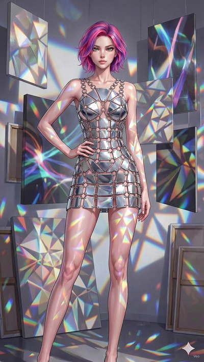 A high-budget anime film style video. Bright volumetric light beams stream through hanging crystals, refracting into dynamic, rotating rainbow flares that sweep across the frame. Shimmering dust motes float through the illuminated beams. The camera m