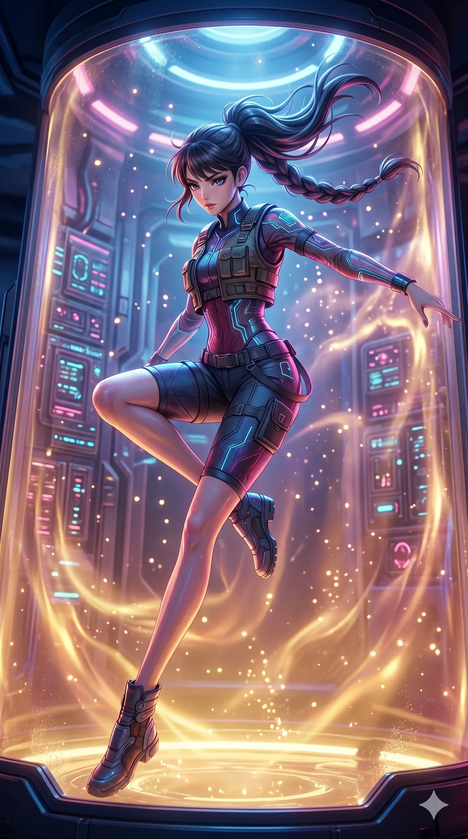 score_9, masterpiece, best quality, ultra-detailed, semi-realistic 3D game render, high-fidelity textures, Unreal Engine 5 style, Japanese woman. Low angle medium shot capturing a powerful motion and statuesque presence. dancing in a futuristic relaxation chamber filled with glowing gel. She has an elegant and graceful female figure with elegant silhouette. sharp v-shaped jawline, high-bridge nose, intricate jewel-like eyes, thick eyelashes, soft lips. Wearing Dynamic performance outfit: Layered tactical vest, fitted tech-outfit, tailored shorts, and sleek boots. The scene is illuminated by dramatic atmospheric lighting and vibrant color palettes. , 2k, ultra detail, master piece, 9:16 ratio