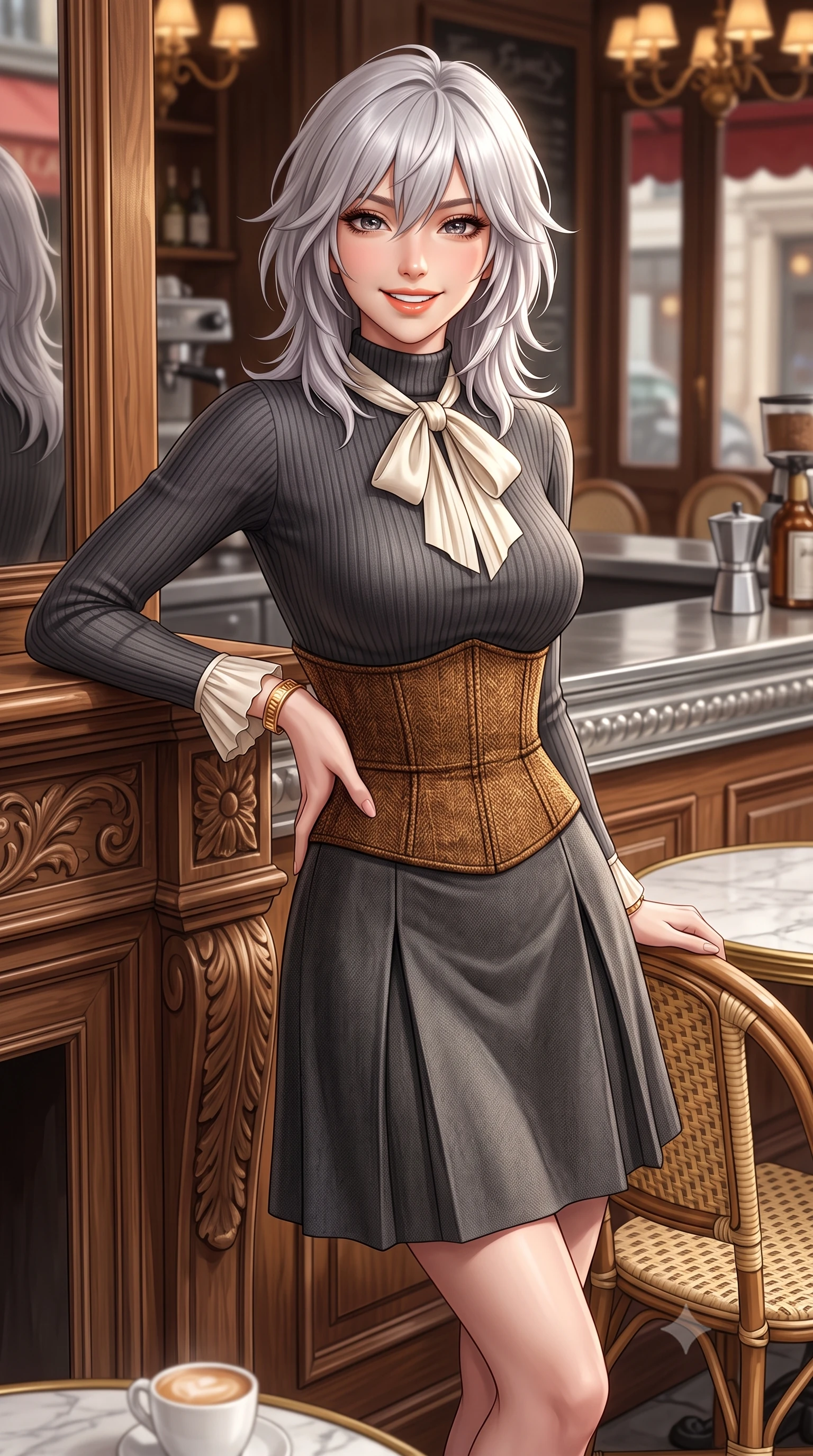 score_9, masterpiece, best quality, ultra-detailed, high-budget anime keyframe, semi-realistic 3D game render, editorial fashion photography, tasteful artistic composition, Japanese woman. close-up cowboy shot from the waist and thighs up, the character dominates the composition, filling the frame with her large presence. leaning gracefully against the carved mantelpiece with one hand on her hip, showcasing her slender waist and feminine posture while leaning back slightly against the wicker rattan café chair, ankles crossed, enjoying the crisp autumn air with effortless chic. The surrounding environment is rendered in vivid detail and crisp panoramic clarity: detailed silk pussy-bow blouse drape, tailored A-line wool skirt pleats, and authentic Parisian street furniture in high resolution. She has an exceptionally elegant, slender, and willowy female figure with an ultra-slim waist, flat toned midriff, narrow ribcage, and sculpted feminine hips creating an alluring, slim hourglass silhouette without bulk. sharp v-shaped jawline, high-bridge nose, intricate jewel-like sparkling eyes with depth, thick eyelashes, glossy parted lips with a natural peach sheen, bright cheerful beaming smile with an enchanting and coquettish sensual glint, exuding both youthful cute charm and seductive allure, flawlessly proportioned anatomical accuracy, strict slender model proportions, natural body alignment, perfectly sculpted long slender limbs, ultra-slim waistline, clean dynamic posture without body distortion. wearing a form-contouring ribbed cashmere mock-neck knit bodycon dress clinging like a second skin, paired with a tailored tweed waist cincher in warm chestnut brown and burnished gold, crafted from lustrous liquid satin crepe that drapes in body-clinging ripples catching ambient lights, accented with delicate golden wrist cuffs reflecting warm chandelier light, the liquid-tight tailored fabric clinging flawlessly to her narrow waist and rounded feminine hips, emphasizing every millimeter of her sculpted slim hourglass curves without any bulky heaviness. illuminated by zinc counter and marble tabletop bounce with delicate platinum rim lights sculpting her features and slender waist. highly saturated vibrant anime colors, detailed shading with soft gradients, rich glossy textures, high-contrast stereoscopic depth, volumetric dynamic lighting, master piece, 9:16 ratio