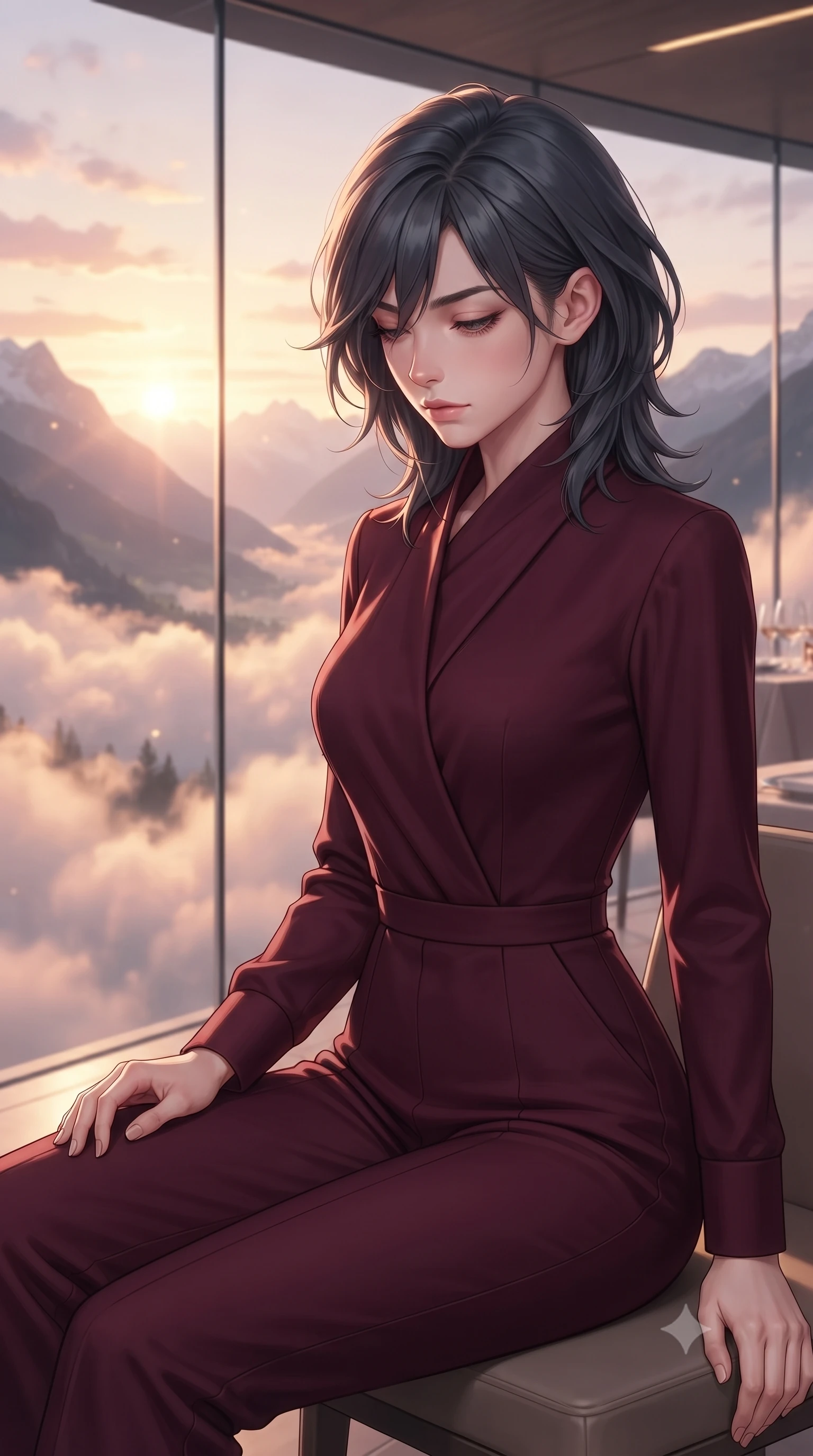 score_9, masterpiece, best quality, ultra-detailed, high-budget anime keyframe, editorial fashion photography, tasteful artistic composition, Caucasian woman, strictly human ears. close-up cowboy shot from the waist and thighs up, the character dominates the composition, filling the frame with her large presence, background elements kept in soft focus. Looking down with lowered lashes and a composed powerful expression. set against a soft-focus background of a restaurant with panoramic glass walls suspended by cables above a dramatic mountain valley with clouds drifting at table level and the sun setting between distant peaks visible through crystal-clear glass. She has an exceptionally elegant and slender, willowy female figure with an ultra-slim waist, a gracefully sculpted slender torso, and a refined slim physique. sharp v-shaped jawline, high-bridge nose, intricate jewel-like eyes with depth, thick eyelashes, glossy lips with a natural sheen. wearing a precision-tailored jumpsuit in deep burgundy with a high wrap-front neck, highlighting her slim waist and long legs. warm sunset light flooding through the panoramic windows with clouds diffusing and softening the light into a dreamy golden-pink atmosphere that envelops the dining space. 2k, ultra detail, master piece, 9:16 ratio