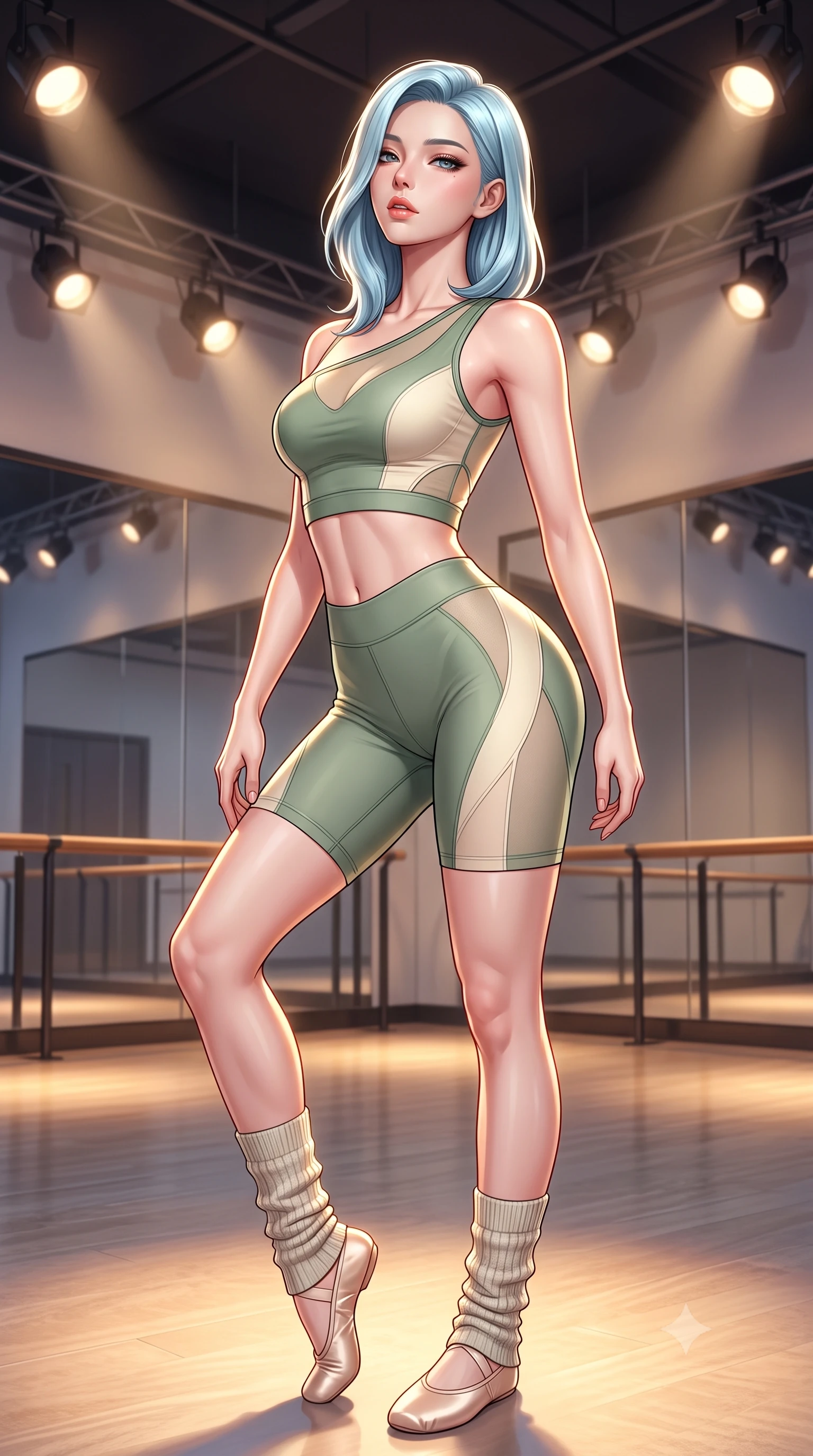 score_9, masterpiece, best quality, ultra-detailed, high-budget anime keyframe, semi-realistic 3D game render, editorial fashion photography, tasteful artistic composition, Korean woman. close-up cowboy shot from the waist and thighs up, the character dominates the composition, filling the frame with her large presence. twisting her slender torso in a deep contrapposto stance, hips dramatically shifted to accentuate her feminine curves while looking past her shoulder with smoldering bedroom-eyes while reclining on the dance studio floor propped up on one hip, head tilted back in ecstasy with parted lips as warm spotlights trace her silhouette. The surrounding environment is rendered in vivid detail and crisp panoramic clarity. high-contrast sculptural dance chiaroscuro and contemporary athletic aesthetics captured with precision. She has an exceptionally elegant, slender, and willowy female figure with an ultra-slim waist, a gracefully sculpted slender torso, toned flat midriff, and rounded feminine hips creating an alluring hourglass silhouette. sharp v-shaped jawline, high-bridge nose, intricate jewel-like eyes with depth, thick eyelashes, glossy parted lips with a natural sheen, intensely captivating and seductive bedroom-eyes expression, flawlessly proportioned anatomical accuracy, strict slender model proportions, natural body alignment, perfectly sculpted long slender limbs, ultra-slim waistline, clean dynamic posture without body distortion. wearing a sporty asymmetrical crop tank paired with seamless contouring biker shorts in sage green and warm cream, made of sheer contouring power-mesh panels with anatomical curve lines, accessorized with knitted leg warmers and delicate satin ballet slippers, the precision-cut side openings and low-back scoop framing her graceful spine and the sensual sweep of her hips. bathed in warm floor-level uplighting and dramatic overhead theatrical spotlights. highly saturated vibrant anime colors, detailed shading with soft gradients, rich glossy textures, high-contrast stereoscopic depth, volumetric dynamic lighting, master piece, 9:16 ratio