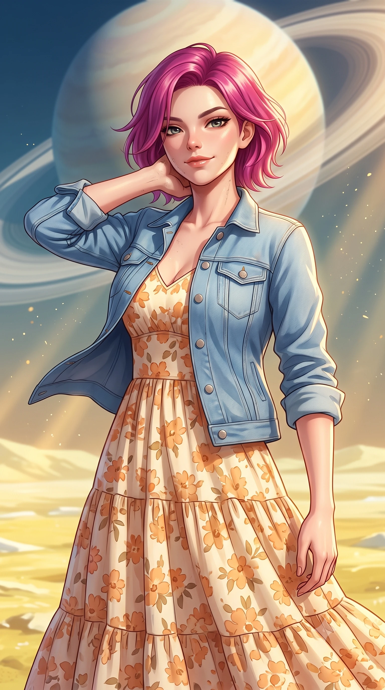 score_9, masterpiece, best quality, ultra-detailed, high-budget anime keyframe, editorial fashion photography, tasteful artistic composition, Caucasian woman, strictly human ears. close-up cowboy shot from the waist and thighs up, the character dominates the composition, filling the frame with her large presence, background elements kept in soft focus. Defiantly wiping oil and stardust from her jawline with a confident, victorious smirk. set against a soft-focus background of a plane of yellow ammonia ice under a sky dominated by a giant gas planet with prominent rings. She has an exceptionally elegant and slender, willowy female figure with an ultra-slim waist, a gracefully sculpted slender torso, and a refined slim physique. sharp v-shaped jawline, high-bridge nose, intricate jewel-like eyes with depth, thick eyelashes, glossy lips with a natural sheen. wearing the lightweight fabric rippling and billowing dramatically with her movement, a tailored tailored light blue denim jacket over a tiered cotton maxi dress in a warm cream and apricot floral print. highly saturated vibrant anime colors, intense vivid color palette, soft 3D volumetric shading, volumetric dynamic lighting, golden hour sunlight streaming in warm shafts with floating dust particles catching the light. 2k, ultra detail, master piece, 9:16 ratio