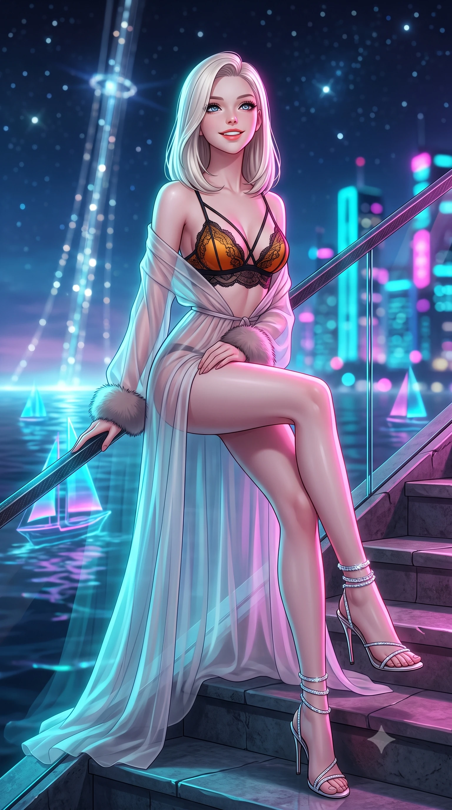 score_9, masterpiece, best quality, ultra-detailed, high-budget anime keyframe, semi-realistic 3D game render, editorial fashion photography, tasteful artistic composition, Caucasian woman. low angle full-body shot from head to toe showing her feet, filling the entire 9:16 vertical frame with her statuesque presence, stretching her vertical silhouette. sitting poised on the stone steps with one knee bent, arching her spine with supermodel elegance as she glances upward through thick eyelashes while leaning against the transparent carbon-fiber balustrade with hips cocked back, casting an intoxicating smoldering bedroom-gaze over the holographic sea. The background shows a soft-focus glittering orbital space elevator tether stretching to the stars, holographic sailing vessels gliding on dark sea, and cyberpunk city towers blurred into electric cyan, magenta, and sapphire bokeh. She has an exceptionally tall and slender model-like 8.5-heads proportion, an ultra-slim waist, a flat toned midriff, narrow delicate ribcage, and beautifully sculpted feminine hips creating a graceful, slim hourglass silhouette without any bulky heaviness, with impossibly long slender legs. sharp v-shaped jawline, high-bridge nose, intricate jewel-like sparkling eyes with depth, thick eyelashes, glossy parted lips with a natural peach sheen, bright cheerful beaming smile with an enchanting and coquettish sensual glint, exuding both youthful cute charm and seductive allure, flawlessly proportioned anatomical accuracy, strict slender model proportions, natural body alignment, perfectly sculpted long slender limbs, ultra-slim waistline, clean dynamic posture without body distortion. wearing a delicate translucent cashmere-gauze boudoir robe with faux-fur trimmed cuffs slipping off bare shoulders over a strappy lace bralette in Hakone steaming sulfur amber and volcanic basalt black, made of sheer gossamer chiffon that drapes softly against skin with airy translucence, complemented by strappy stiletto sandals with crystal ankle wraps accentuating her slender calves, the glove-like clinging cut tightly following the natural contour of her hips and long slender legs with youthful 8.5-heads elegance. bathed in the dramatic cyan-and-magenta ambient of holographic sea projections contrasted with cool starlight. highly saturated vibrant anime colors, detailed shading with soft gradients, rich glossy textures, high-contrast stereoscopic depth, volumetric dynamic lighting, master piece, 9:16 ratio