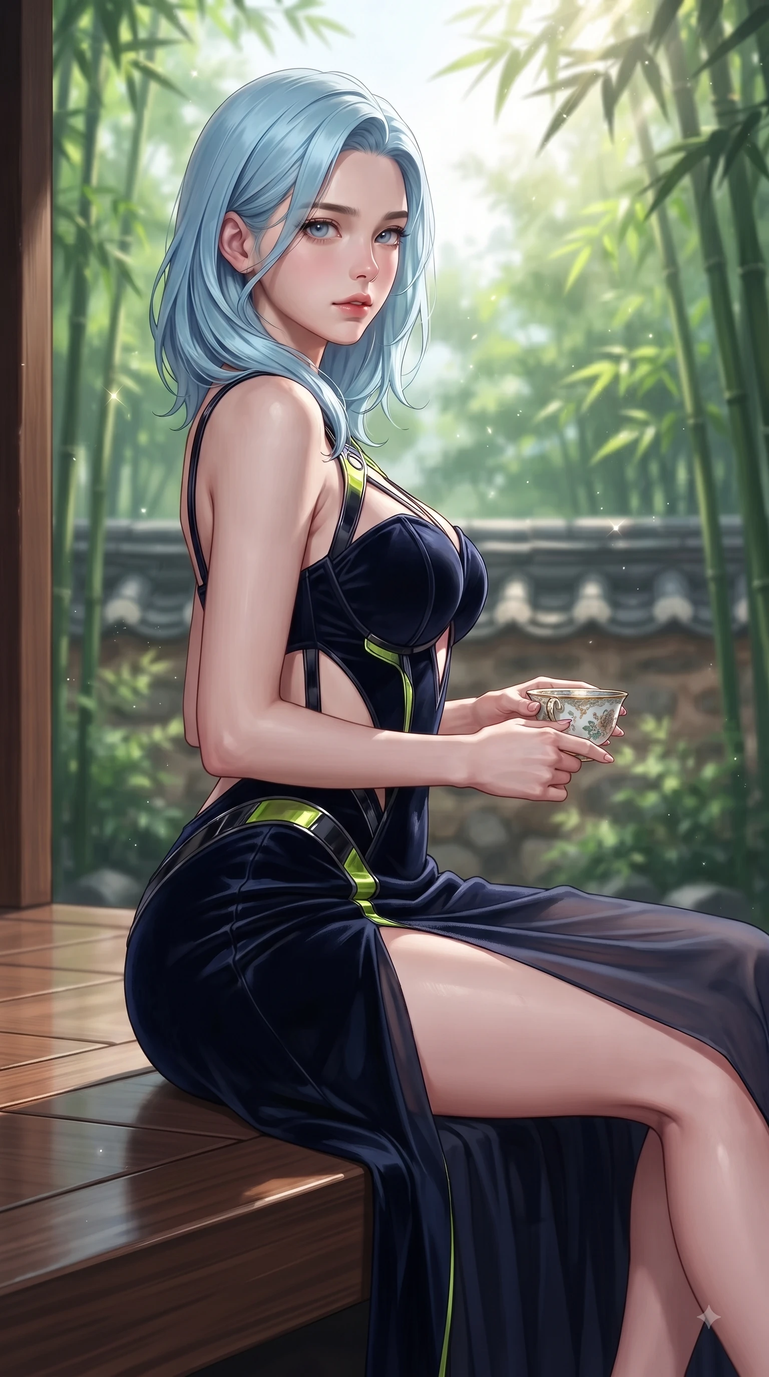 score_9, masterpiece, best quality, ultra-detailed, high-budget anime keyframe, editorial fashion photography, tasteful artistic composition, Korean woman. close-up cowboy shot from the waist and thighs up, the character dominates the composition, filling the frame with her large presence. Subtle lingering regret in her eyes, looking back over her shoulder with an emotional, reluctant glance while sitting on a polished wooden Hanok veranda holding a delicate porcelain tea cup. The composition keeps background elements in soft focus with dreamy bokeh. green bamboo groves and traditional clay roof tiles blurred into serene, soft bokeh. She has an exceptionally elegant, slender, and willowy female figure with an ultra-slim waist, a gracefully sculpted slender torso, and a refined silhouette. sharp v-shaped jawline, high-bridge nose, intricate jewel-like eyes with depth, thick eyelashes, glossy lips with a natural sheen, flawlessly proportioned anatomical accuracy, natural body alignment, perfectly sculpted elegant limbs, clean dynamic posture without body distortion. wearing a sleek dark navy velvet bustier gown with a deep slit and metallic accents in bright lime green and sleek jet black, woven from fine lightweight chiffon fluttering gracefully, complemented by clean architectural seams and subtle cutouts, the tailored fit highlighting her statuesque and model-like silhouette. bathed in bright morning sunbeams filtering through lush bamboo canopies. ultra-reflective glossy finish, specular highlights, metallic sheen, high-contrast stereoscopic depth, volumetric dynamic lighting, 2k, ultra detail, master piece, 9:16 ratio