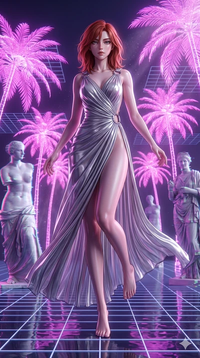 score_9, masterpiece, best quality, ultra-detailed, high-budget anime keyframe, Korean woman. low angle full-body shot filling the entire 9:16 frame with her statuesque presence, stretching the vertical silhouette. drifting through a holographic vapo