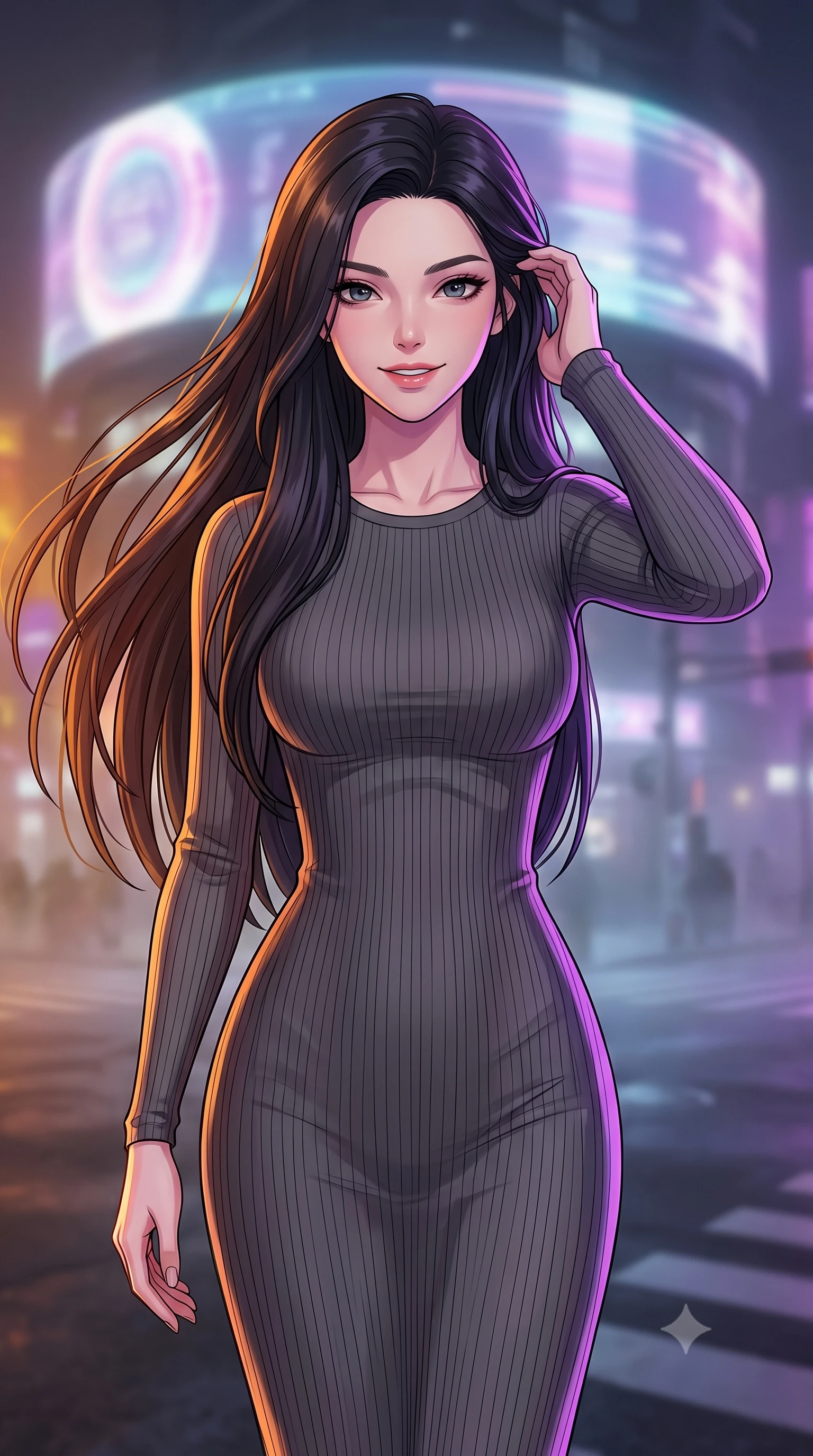 score_9, masterpiece, best quality, ultra-detailed, high-budget anime keyframe, tasteful artistic composition, Korean woman. close-up cowboy shot from the waist and thighs up, the character dominates the composition, filling the frame with her large presence, background elements kept in soft focus. smiling with quiet, magnetic self-assurance directly into the camera, running a hand through her hair the background shows a soft-focus a misty street intersection under a massive spinning hologram ring billboard. She has an exceptionally elegant, slender, and willowy female figure with an ultra-slim waist, a gracefully sculpted slender torso, and a refined silhouette. sharp v-shaped jawline, high-bridge nose, intricate jewel-like eyes with depth, thick eyelashes, glossy lips with a natural sheen. wearing a body-hugging form-contouring ribbed bodycon midi dress in charcoal grey with long sleeves. rotating warm amber and cool purple lighting creating a dynamic color wash. highly saturated vibrant anime colors, cel-shading, 2d style, master piece, 9:16 ratio