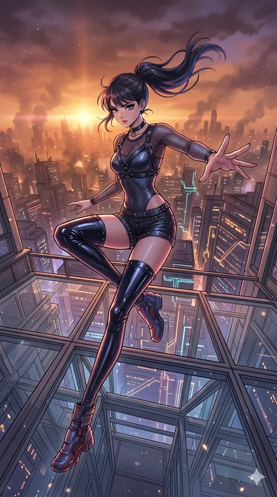 score_9, masterpiece, best quality, ultra-detailed, high-budget anime movie keyframe, cinematic anime lighting, intricate line art, Korean woman. Extreme high angle shot as she leaps towards the camera, filling the frame. surveying a sprawling mega-c