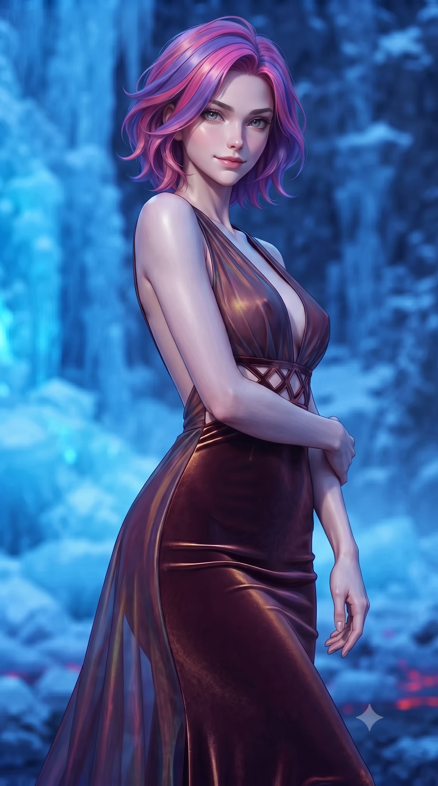 score_9, masterpiece, best quality, ultra-detailed, high-budget anime keyframe, editorial fashion photography, tasteful artistic composition, Caucasian woman. close-up cowboy shot from the waist and thighs up, the character dominates the composition, filling the frame with her large presence, background elements kept in soft focus. Smiling with quiet, magnetic self-assurance directly into the lens poised on a frozen volcanic ash cliff reflecting intense blue magmatic light, striking contrast of sub-zero blue ice crystals and hot cobalt blue magma. She has an exceptionally elegant, slender, and willowy female figure with an ultra-slim waist, a gracefully sculpted slender torso, and a refined silhouette. sharp v-shaped jawline, high-bridge nose, intricate jewel-like eyes with depth, thick eyelashes, glossy lips with a natural sheen. wearing a translucent iridescent chiffon gown with a plunging neckline and open back in deep burgundy and bronze, made of premium stretch velvet with a rich sheen, featuring subtle geometric cutouts that highlight her ultra-slim midriff, the form-contouring material highlighting her ultra-slim waist and long lines. bathed in high-contrast blue and violet spectral lighting. ultra-reflective glossy finish, specular highlights, metallic sheen, high-contrast stereoscopic depth, volumetric dynamic lighting, 2k, ultra detail, master piece, 9:16 ratio