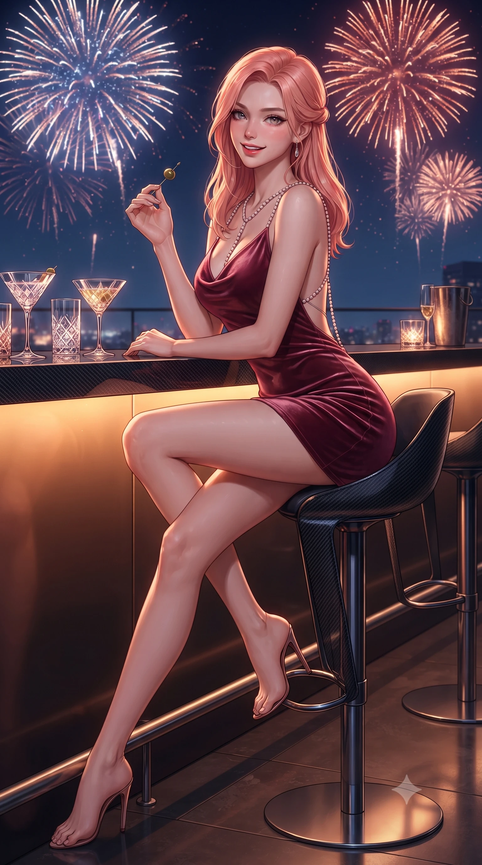 score_9, masterpiece, best quality, ultra-detailed, high-budget anime keyframe, editorial fashion photography, tasteful artistic composition, Japanese woman. low angle full-body shot from head to toe showing her feet, filling the entire 9:16 vertical frame with her statuesque presence, stretching her vertical silhouette. stepping slowly toward the camera with hypnotic grace, hips swaying in an alluring sensual rhythm that accentuates her curvy hourglass silhouette and long slender legs while perched sideways on a high barstool with legs crossed, toying with a cocktail olive while casting a dangerous, coquettish smile. The surrounding environment is rendered in vivid detail and crisp panoramic clarity: sharp carbon-fiber bar top weave, crystal cocktail glass facets, and exploding firework particle trails in deep focus. She has an absolutely perfect, statuesque 8.5-heads proportion, an exceptionally tall and slender model-like female figure with impossibly long slender legs, an ultra-slim waist, a flat toned midriff, narrow delicate ribcage, and beautifully sculpted feminine hips creating a graceful, slim hourglass silhouette without any bulky heaviness. sharp v-shaped jawline, high-bridge nose, sparkling eyes with hypnotic seductive depth, thick curled eyelashes, glossy parted lips with a natural dewy peach sheen, alluring bedroom-eyes with an enchanting coquettish smile, exuding magnetic siren charisma and sophisticated glamour, flawlessly proportioned anatomical accuracy, strict slender model proportions, natural body alignment, perfectly sculpted long slender limbs, ultra-slim waistline, clean dynamic posture without body distortion. wearing a low-cut draped cowl-back satin slip mini dress with dainty pearl spaghetti straps in smoldering crimson wine and deep rose-gold, tailored from ultra-plush velvet with rich tactile depth and deep shadow gradients, accented with a pearl-drop body harness subtly framing her dewy collarbones and spine, the precision-cut side openings and low-back scoop framing her graceful spine and the sensual sweep of her slim, toned hips. bathed in dynamic multi-color light flashes from fireworks overhead mixed with warm amber bar counter glow. ultra-reflective glossy finish, specular highlights, rich textural contrasts, high-contrast stereoscopic depth, volumetric dynamic lighting, 2k, ultra detail, master piece, 9:16 ratio