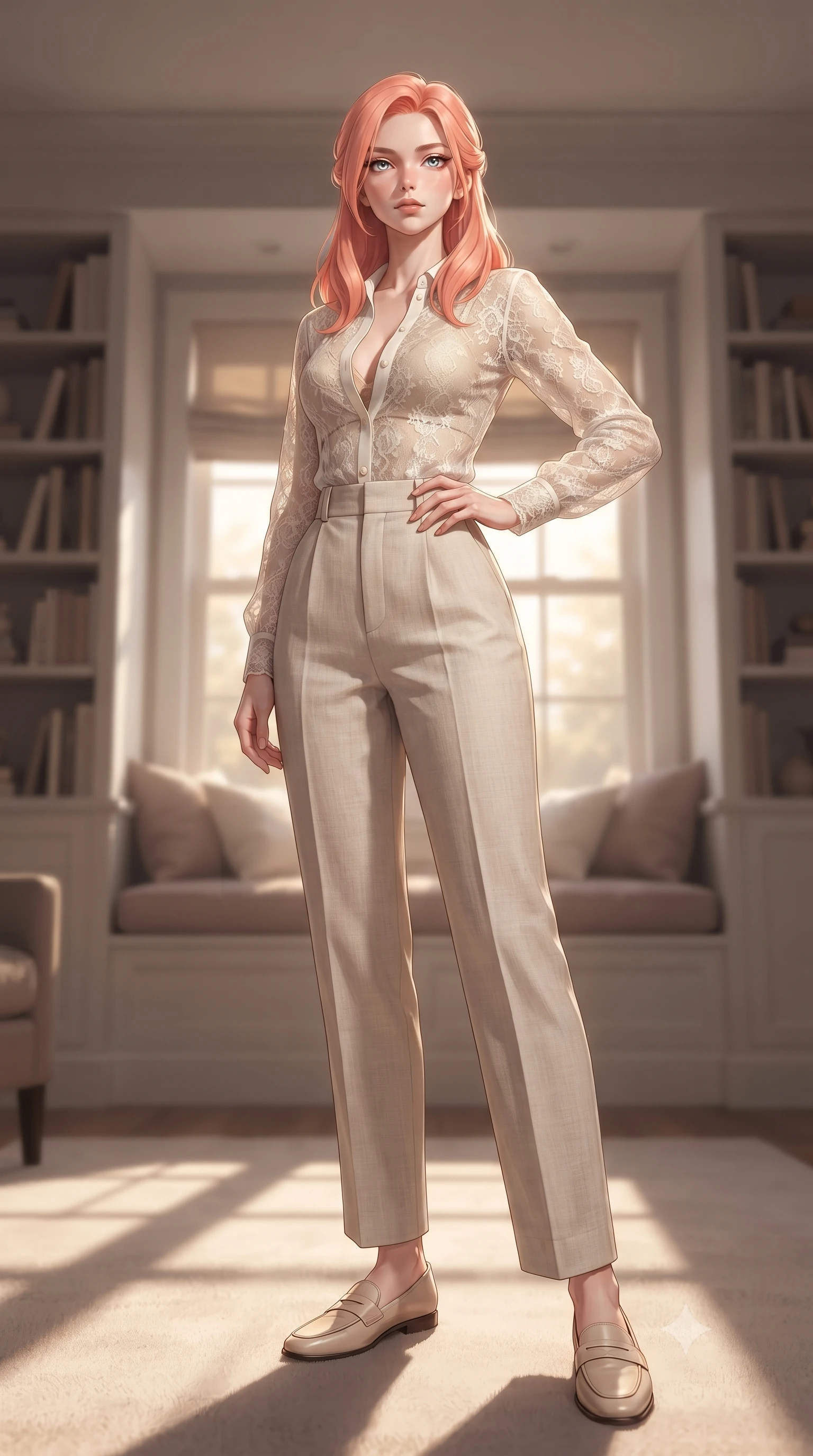 score_9, masterpiece, best quality, ultra-detailed, high-budget anime keyframe, editorial fashion photography, tasteful artistic composition, Japanese woman woman. low angle full-body shot from head to toe showing her feet, filling the entire 9:16 vertical frame with her statuesque presence, stretching her vertical silhouette. posing confidently with one hand on her hip, stretching her statuesque body to emphasize her curves the background shows a soft-focus a quiet personal library room with bookshelves lining the walls and a plush window seat. She has an absolutely perfect, statuesque 8.5-heads proportion, an exceptionally tall and slender model-like female figure with impossibly long slender legs and an ultra-slim waist. sharp v-shaped jawline, high-bridge nose, intricate jewel-like eyes with depth, thick eyelashes, glossy lips with a natural sheen. wearing a slim-fit sheer lace blouse in ivory white, worn over a simple beige bralette and high-waisted linen trousers. soft golden afternoon light filtering through the window, casting long shadow patterns. ultra-reflective glossy finish, specular highlights, metallic sheen, high-contrast stereoscopic depth, volumetric dynamic lighting, 2k, ultra detail, master piece, 9:16 ratio