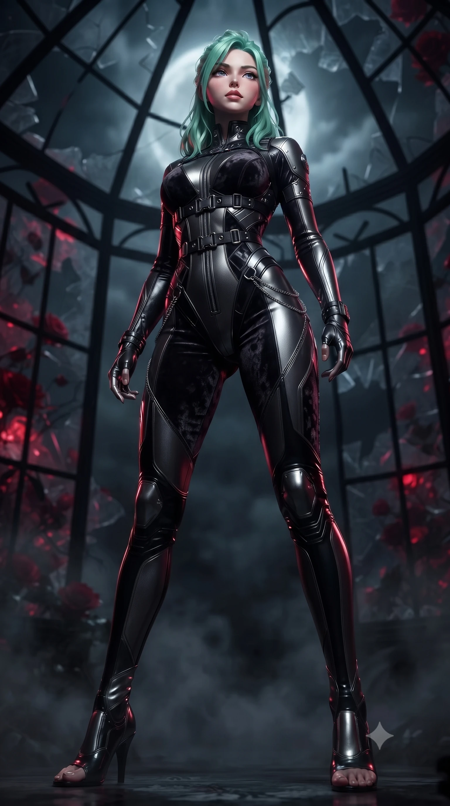 score_9, masterpiece, best quality, ultra-detailed, high-budget anime keyframe, editorial fashion photography, tasteful artistic composition, Japanese woman. low angle full-body shot from head to toe showing her feet, filling the entire 9:16 vertical frame with her statuesque presence, stretching her vertical silhouette. forging confidently through the dark atmospheric mist, holding a poised statuesque stance, looking up at a blood moon through shattered dark greenhouse glass, dark iron structural lattices framing the stormy background in soft focus. She has an absolutely perfect, statuesque 8.5-heads proportion, an exceptionally tall and slender model-like female figure with impossibly long slender legs and an ultra-slim waist. sharp v-shaped jawline, high-bridge nose, intricate jewel-like eyes with depth, thick eyelashes, glossy lips with a natural sheen. wearing second-skin matte carbon-fiber combat suit in onyx black in metallic dark silver, made of crushed dark silk velvet, framed by dark titanium buckles and silver chain details, contouring every curve with an exceptionally elegant silhouette. bathed in eerie red rose bioluminescence and deep pitch-black shadows. highly saturated vibrant anime colors, detailed shading with soft gradients, rich glossy textures, high-contrast stereoscopic depth, volumetric dynamic lighting, master piece, 9:16 ratio