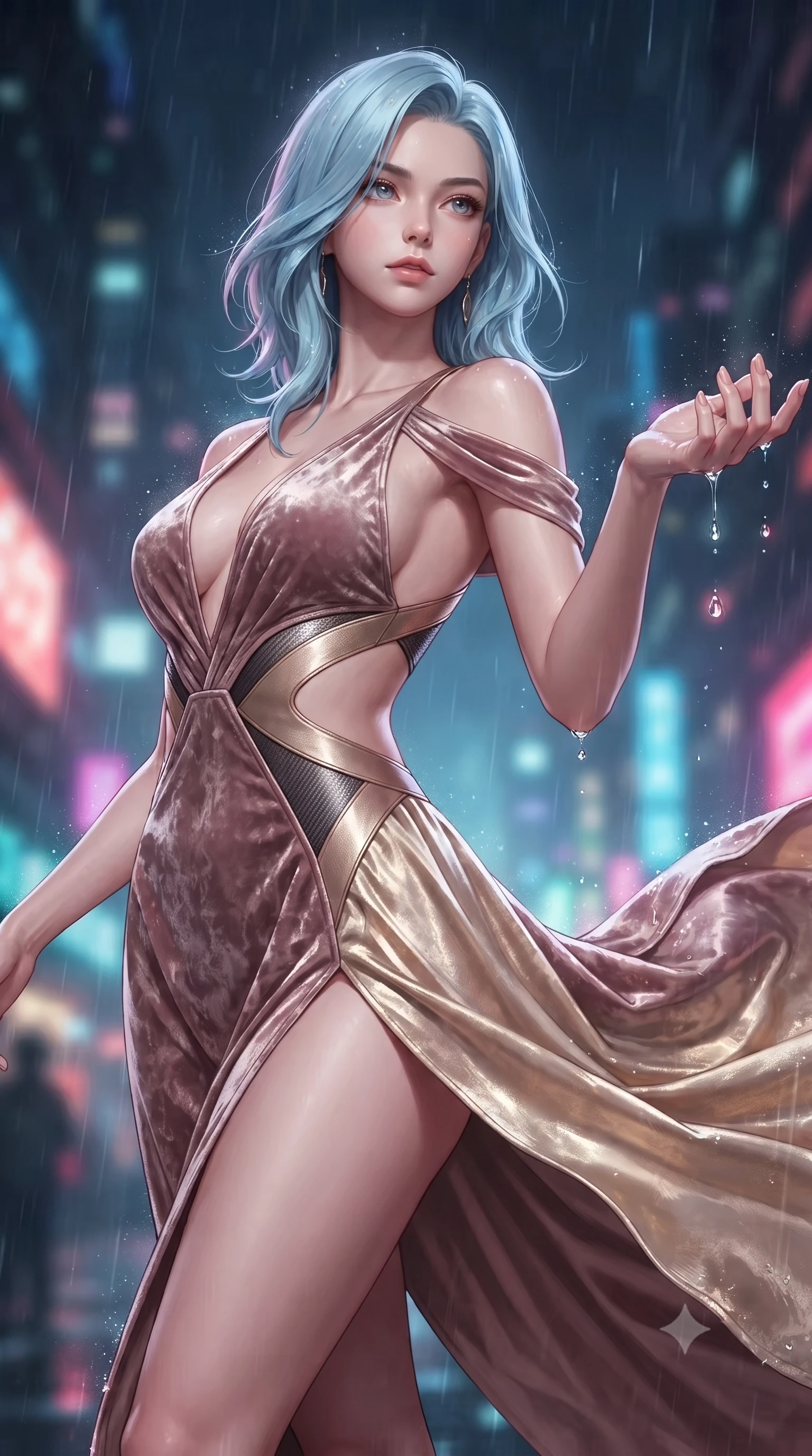 score_9, masterpiece, best quality, ultra-detailed, high-budget anime keyframe, editorial fashion photography, tasteful artistic composition, Korean woman. close-up cowboy shot from the waist and thighs up, the character dominates the composition, filling the frame with her large presence, background elements kept in soft focus. Gazing past the lens with composed intensity as her torso curves dynamically in mid-motion while reaching forward with one hand to catch rain droplets catching neon speculars, fluttering lightweight attire catching the high-altitude rainy wind. She has an exceptionally elegant, slender, and willowy female figure with an ultra-slim waist, a gracefully sculpted slender torso, and a refined silhouette. sharp v-shaped jawline, high-bridge nose, intricate jewel-like eyes with depth, thick eyelashes, glossy lips with a natural sheen, flawlessly proportioned anatomical accuracy, natural body alignment, perfectly sculpted elegant limbs, clean dynamic posture without body distortion. wearing a backless crushed velvet gown with a deep V-neckline and high thigh slit in dusty rose and champagne gold, made of fine carbon-fiber weave and soft matte leather, featuring clean architectural cutouts along her slender torso, the elegant draped fit framing her graceful clavicle and slender torso. surrounded by a vibrant, atmospheric city glow with glistening raindrops. ultra-reflective glossy finish, specular highlights, metallic sheen, high-contrast stereoscopic depth, volumetric dynamic lighting, 2k, ultra detail, master piece, 9:16 ratio