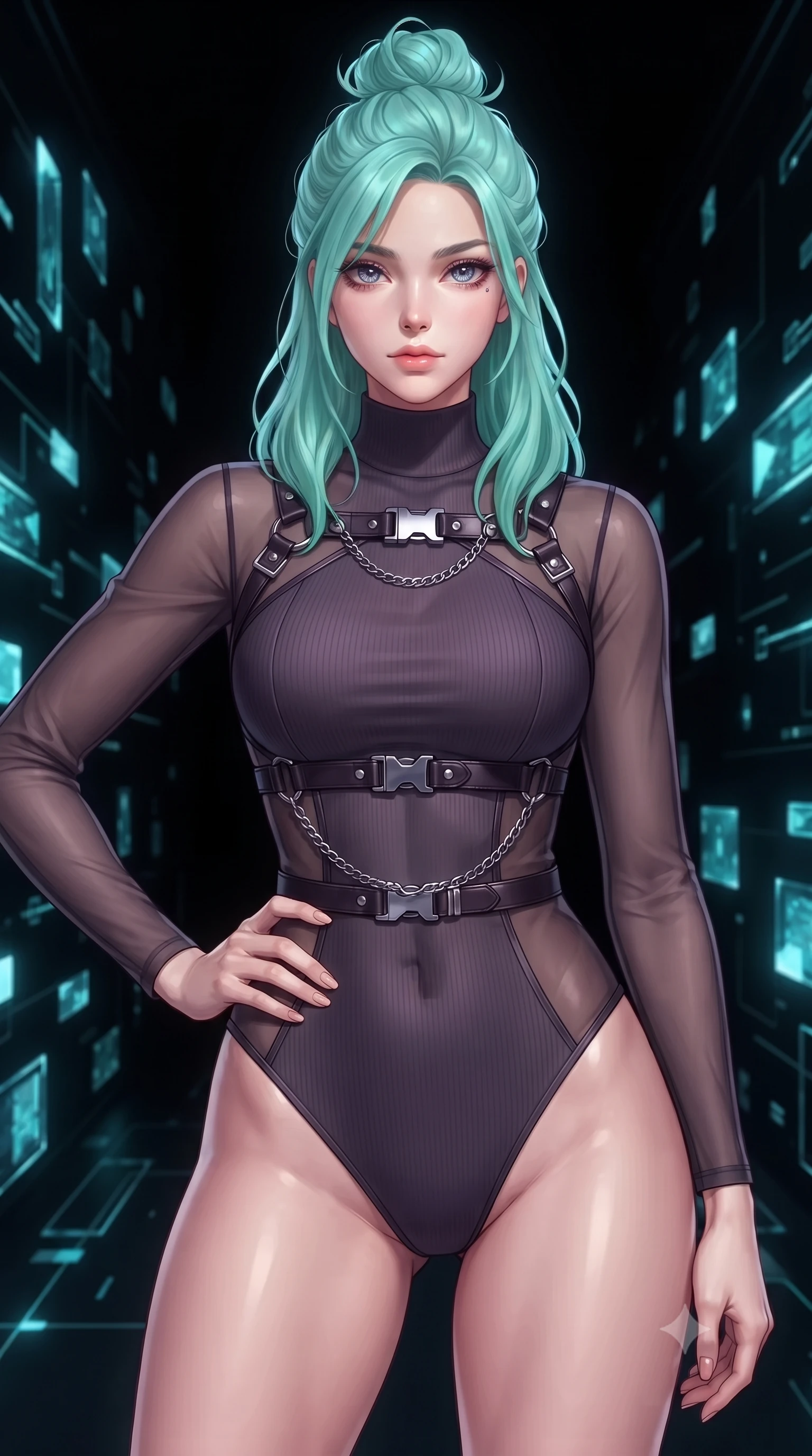 score_9, masterpiece, best quality, ultra-detailed, high-budget anime keyframe, editorial fashion photography, tasteful artistic composition, Japanese woman. close-up cowboy shot from the waist and thighs up, the character dominates the composition, filling the frame with her large presence, background elements kept in soft focus. Holding a confident power pose with one hand on her hip, navigating a dark virtual reality corridor lined with glowing cyan data shards, pitch-black digital void background creating absolute subject isolation. She has an exceptionally elegant, slender, and willowy female figure with an ultra-slim waist, a gracefully sculpted slender torso, and a refined silhouette. sharp v-shaped jawline, high-bridge nose, intricate jewel-like eyes with depth, thick eyelashes, glossy lips with a natural sheen. wearing sleek high-neck ribbed activewear bodysuit in matte black in dark plum violet, made of sheer dark organza overlay, framed by dark titanium buckles and silver chain details, the fitted fabric emphasizing her ultra-slim waist. lit by intense digital key light piercing through deep cyber shadows. highly saturated vibrant anime colors, detailed shading with soft gradients, rich glossy textures, high-contrast stereoscopic depth, volumetric dynamic lighting, master piece, 9:16 ratio