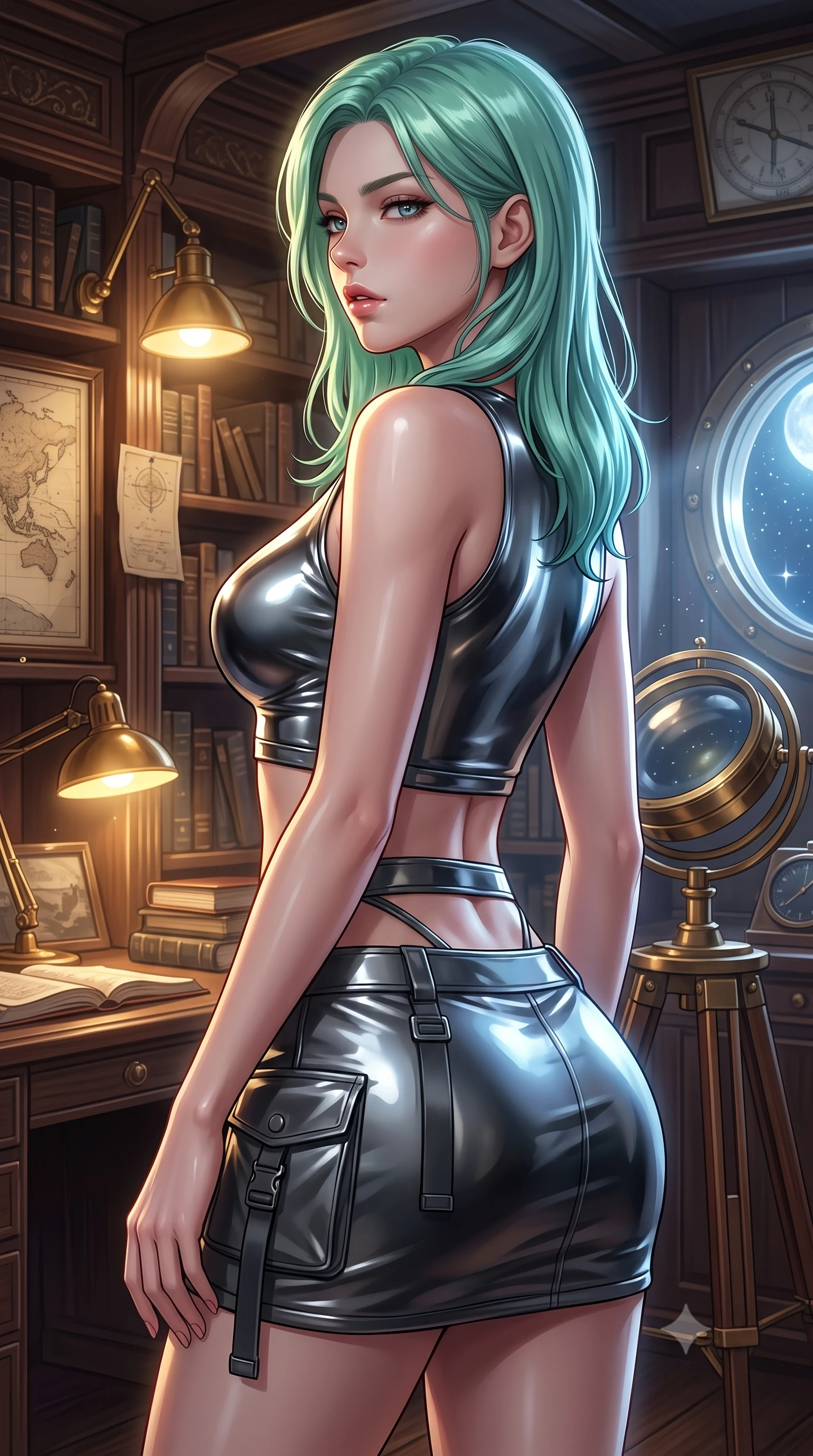 score_9, masterpiece, best quality, ultra-detailed, high-budget anime keyframe, editorial fashion photography, tasteful artistic composition, Japanese woman. close-up cowboy shot from the waist and thighs up, the character dominates the composition, filling the frame with her large presence, background elements kept in soft focus. turning her face in profile to look over her shoulder, casting a smoldering side gaze with lips slightly parted, the background shows a soft-focus a private captain's library room aboard a research ship with brass telescopes. She has an exceptionally elegant, slender, and willowy female figure with an ultra-slim waist, a gracefully sculpted slender torso, and a refined silhouette. sharp v-shaped jawline, high-bridge nose, intricate jewel-like eyes with depth, thick eyelashes, glossy lips with a natural sheen. wearing a body-hugging modern carbon-alloy crop top paired with a low-rise tactical skirt and a subtle waist cut-out. warm golden glow of reading lamps contrasting with cool silver starlight outside. ultra-reflective glossy finish, specular highlights, metallic sheen, high-contrast stereoscopic depth, volumetric dynamic lighting, 2k, ultra detail, master piece, 9:16 ratio