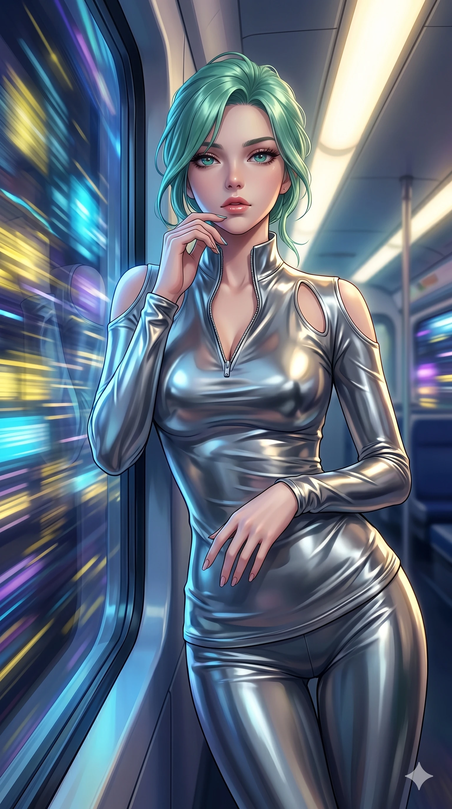 score_9, masterpiece, best quality, ultra-detailed, high-budget anime keyframe, Japanese woman. Upper body close-up from the thighs up, character filling the screen for maximum presence. She is leaning against a train window in a speeding magnetic train, with city neon lights blurring outside. She turns her face to the camera with a sultry, contemplative expression. She has an absolutely perfect 8-heads proportion, an exceptionally tall and slender female figure with impossibly long slender legs and an ultra-slim waist. V-shaped jawline, high-bridge nose, intricate jewel-like eyes with depth, thick eyelashes, glossy lips with a natural sheen. She is wearing a form-fitting top made of molten liquid-mercury fabric that clings to her curves, with strategic tear-drop shoulder cutouts and a dangerously unzipped front collar. The scene is bathed in passing yellow and blue city lights and a soft glowing interior ceiling light. 2k, ultra detail, master piece, 9:16 ratio