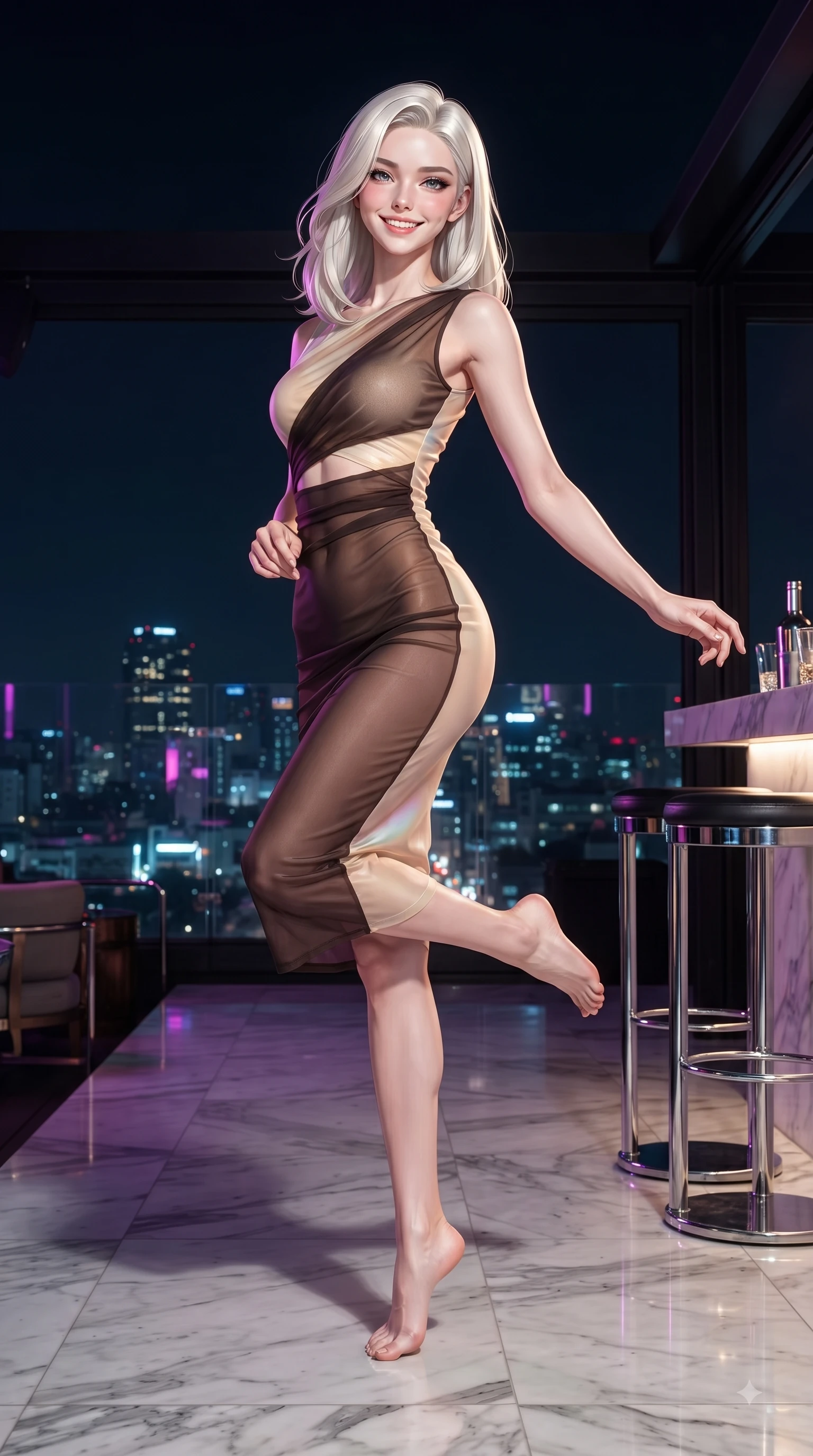 score_9, masterpiece, best quality, ultra-detailed, high-budget anime keyframe, editorial fashion photography, tasteful artistic composition, Caucasian woman. low angle full-body shot from head to toe showing her feet, filling the entire 9:16 vertical frame with her statuesque presence, stretching her vertical silhouette. performing a cheerful mid-air rotation with flawless poise, her radiant smile capturing fresh college girlhood energy while pivoting dynamically on a open-air Itaewon rooftop lounge as city night lights twinkle below, sleek chrome fixtures and polished marble floors reflecting crisp editorial key lights. She has an absolutely perfect, statuesque 8.5-heads proportion, an exceptionally tall and slender model-like female figure with impossibly long slender legs and an ultra-slim waist. sharp v-shaped jawline, high-bridge nose, intricate jewel-like eyes with depth, thick eyelashes, glossy lips with a natural sheen, flawlessly proportioned anatomical accuracy, natural body alignment, perfectly sculpted elegant limbs, clean dynamic posture without body distortion. wearing a sleek bodycon knit dress with strategic sheer organza sleeve panels in espresso brown and warm cream, crafted from iridescent chiffon that shifts colors in the light, featuring subtle geometric cutouts that highlight her ultra-slim midriff, the elegant draped fit framing her graceful clavicle and slender torso. illuminated by vibrant neon skyline glow and clear specular rim highlights. ultra-reflective glossy finish, specular highlights, metallic sheen, high-contrast stereoscopic depth, volumetric dynamic lighting, 2k, ultra detail, master piece, 9:16 ratio