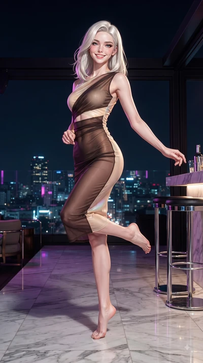 score_9, masterpiece, best quality, ultra-detailed, high-budget anime keyframe, editorial fashion photography, tasteful artistic composition, Caucasian woman. low angle full-body shot from head to toe showing her feet, filling the entire 9:16 vertica