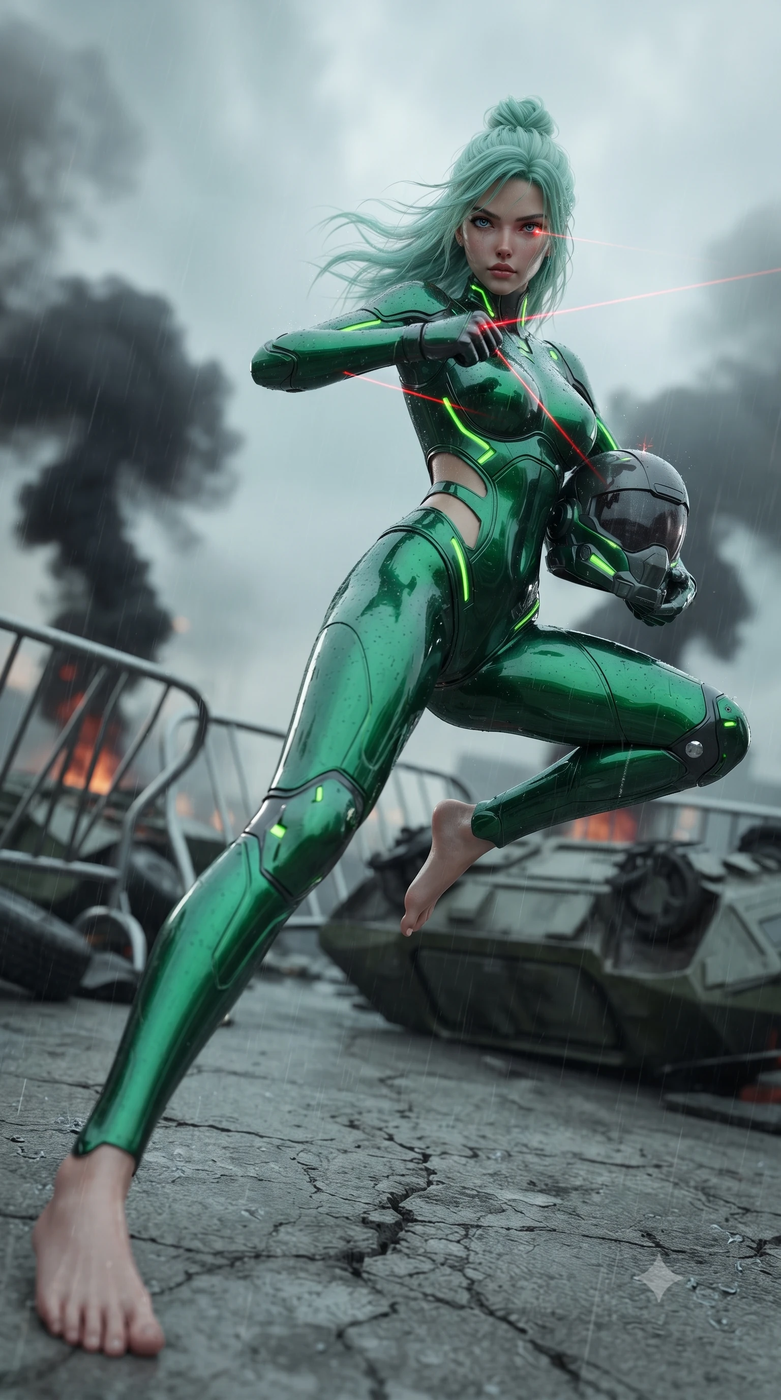 score_9, masterpiece, best quality, ultra-detailed, high-budget anime keyframe, editorial fashion photography, tasteful artistic composition, Japanese woman. low angle full-body shot from head to toe showing her feet, filling the entire 9:16 vertical frame with her statuesque presence, stretching her vertical silhouette. pivoting dynamically in a high-speed low sweep kick along the cracked concrete, her athletic torso and ultra-slim waist twisting in a fluid arc of power while pivoting dynamically across overturned armored transports as red laser targeting sights sweep across her athletic torso. The composition keeps background elements in soft focus with creamy bokeh. twisted metal barriers and rising black smoke plumes softened in moody shallow focus. She has an absolutely perfect, statuesque 8.5-heads proportion, an exceptionally tall and slender model-like female figure with impossibly long slender legs, a toned flat midriff, and an ultra-slim waist. sharp v-shaped jawline, high-bridge nose, intricate jewel-like eyes with depth, thick eyelashes, glossy lips with a natural sheen, fierce and resolute heroine expression, flawlessly proportioned anatomical accuracy, strict slender model proportions, natural body alignment, perfectly sculpted long slender limbs, ultra-slim waistline, clean dynamic posture without body distortion. holding a modular carbon battle-helmet under one arm, her flawless face and sculpted neck exposed to the rain with determined warrior focus, paired with a form-contouring high-mobility battle-suit featuring sculpted carbon chest plating, diagonal midriff ventilation cutouts, and kinetic knee vambraces in toxic emerald green carbon composite with glowing lime warning channels, formed from high-gloss patent carbon-plating with specular dystopian chiaroscuro reflections, detailed with kinetic shock-dampening knuckle guards and polished chrome connection joints, the liquid-tight tailored fabric emphasizing every curve of her tall, slender model proportions and sculptured silhouette during dynamic movement. surrounded by a rebellious, passionate, and fiercely alluring dystopian freedom-fighter aura. ultra-reflective glossy finish, specular highlights, dark metallic sheen, high-contrast stereoscopic depth, volumetric dynamic lighting, 2k, ultra detail, master piece, 9:16 ratio