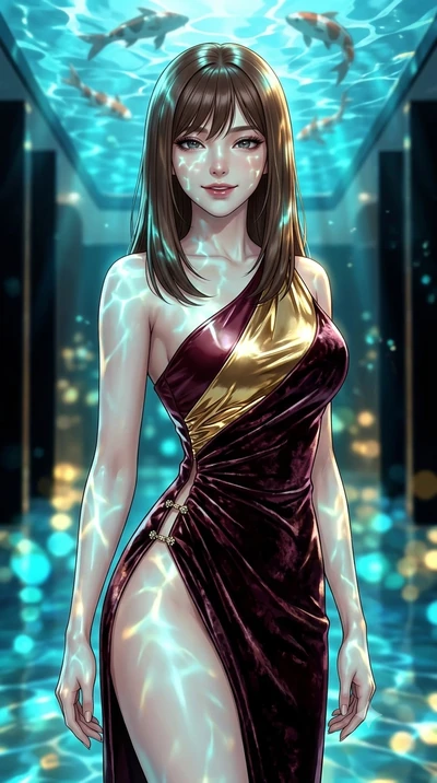 score_9, masterpiece, best quality, ultra-detailed, high-budget anime keyframe, semi-realistic 3D game render, editorial fashion photography, tasteful artistic composition, Korean woman. close-up cowboy shot from the waist and thighs up, the characte
