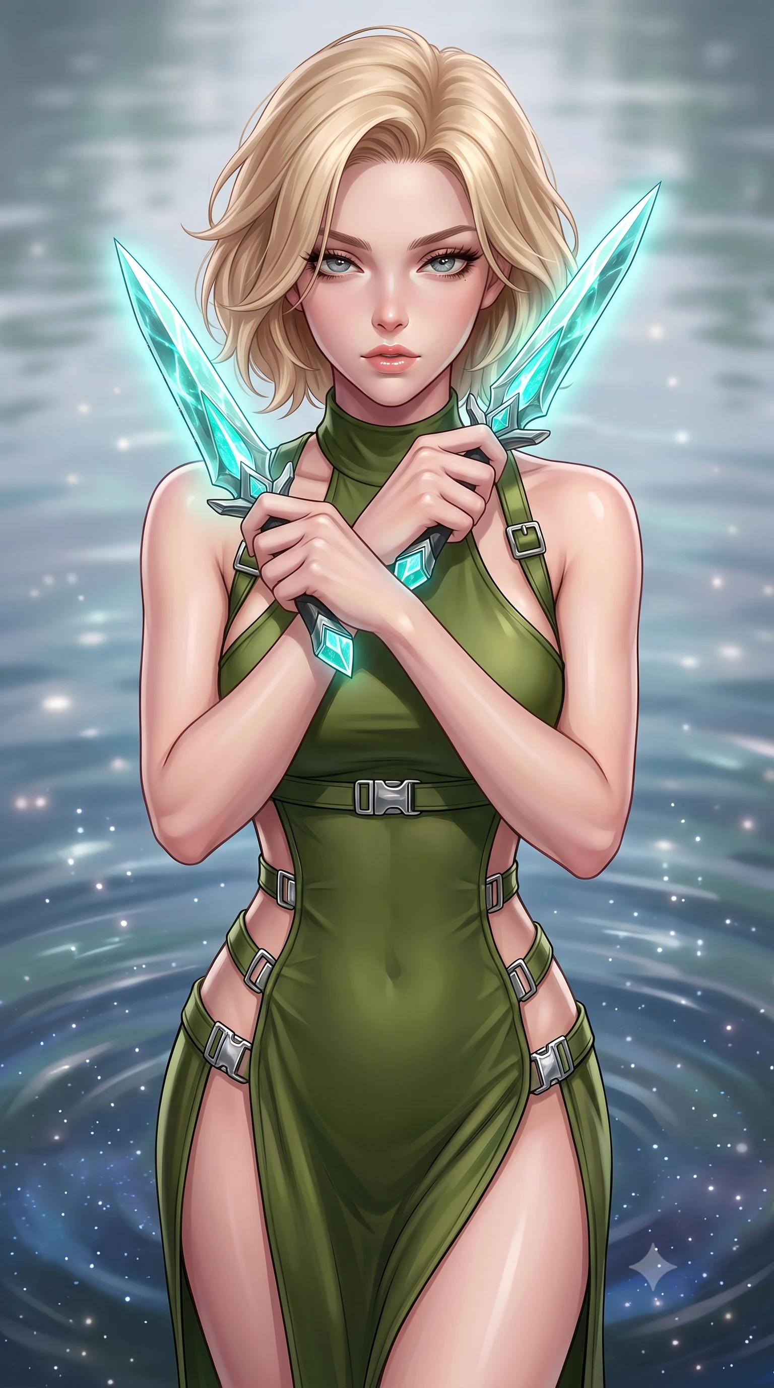 score_9, masterpiece, best quality, ultra-detailed, high-budget anime keyframe, editorial fashion photography, tasteful artistic composition, Caucasian woman. close-up cowboy shot from the waist and thighs up, the character dominates the composition, filling the frame with her large presence, background elements kept in soft focus. holding two energy daggers crossed in front of her elegant collarbone, casting a heavy-lidded, sultry look, the background shows a soft-focus a quiet sanctuary of stilled-water pools where ripples never disappear. She has an exceptionally elegant, slender, and willowy female figure with an ultra-slim waist, a gracefully sculpted slender torso, and a refined silhouette. sharp v-shaped jawline, high-bridge nose, intricate jewel-like eyes with depth, thick eyelashes, glossy lips with a natural sheen. wearing a form-contouring dramatic open-back maxi combat dress in olive green, featuring a high thigh slit and chrome straps. soft starlight reflecting on the perfectly frozen water surface. highly saturated vibrant anime colors, detailed shading with soft gradients, rich glossy textures, high-contrast stereoscopic depth, volumetric dynamic lighting, master piece, 9:16 ratio