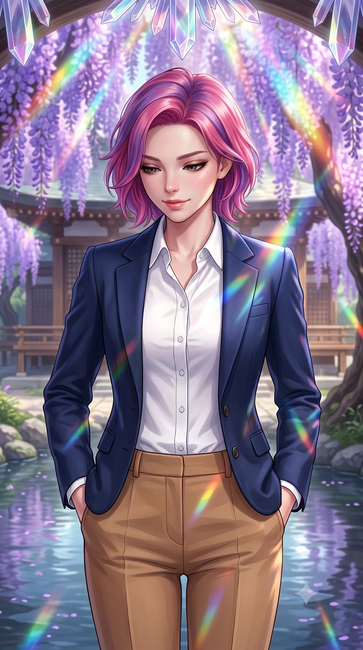 score_9, masterpiece, best quality, ultra-detailed, high-budget anime keyframe, editorial fashion photography, tasteful artistic composition, Caucasian woman, strictly human ears. close-up cowboy shot from the waist and thighs up, the character dominates the composition, filling the frame with her large presence, background elements kept in soft focus. Looking down with a gentle, thoughtful smile full of quiet warmth. set against a soft-focus background of in a traditional wooden shrine courtyard surrounded by giant wisteria trees with glowing purple flowers hanging over a calm, reflecting river. She has an exceptionally elegant, slender, and willowy female figure with a highly-defined ultra-slim waist, a gracefully sculpted slender torso, and a refined slim-fit silhouette that contours her form. sharp v-shaped jawline, high-bridge nose, intricate jewel-like eyes with depth, thick eyelashes, glossy lips with a natural sheen. wearing a navy blue wool blazer over a crisp white button-down, paired with camel tailored slacks. cascading rainbow prismatic light refracting through crystal formations overhead. 2k, ultra detail, master piece, 9:16 ratio
