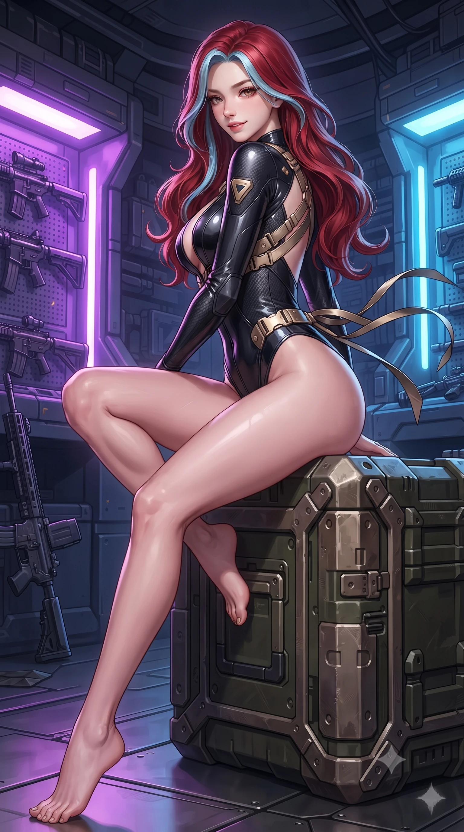 score_9, masterpiece, best quality, ultra-detailed, high-budget anime keyframe, editorial fashion photography, tasteful artistic composition, Caucasian woman. low angle full-body shot from head to toe showing her feet, filling the entire 9:16 vertical frame with her statuesque presence, stretching her vertical silhouette. executing a cheerful mid-motion pivot turn as her tactical belt and ribbons flutter around her slender legs, glancing over her shoulder with an intoxicating, teasing bedroom-gaze while sitting perched on an armored ammunition crate with one knee drawn up, her sleek tactical combat suit radiating powerful sensual charisma. The surrounding environment is rendered in vivid detail and crisp panoramic clarity: detailed tactical harness weave, weapon metallic sheen, and high-tech military armory architecture in high clarity. She has an absolutely perfect, statuesque 8.5-heads proportion, an exceptionally tall and slender model-like female figure with impossibly long slender legs, an ultra-slim waist, a flat toned midriff, narrow delicate ribcage, and beautifully sculpted feminine hips creating a graceful, slim hourglass silhouette without any bulky heaviness. sharp v-shaped jawline, high-bridge nose, intricate jewel-like sparkling eyes with depth, thick eyelashes, glossy parted lips with a natural sheen, bright confident smile with an enchanting and coquettish sensual glint, exuding both youthful magnetic charm and sovereign high-tech allure, flawlessly proportioned anatomical accuracy, strict slender model proportions, natural body alignment, perfectly sculpted long slender limbs, ultra-slim waistline, clean dynamic posture without body distortion. wearing a glossy vinyl and carbon-fiber hybrid bodysuit with a plunging neckline and high-cut leg openings in glossy onyx black and warm champagne gold hardware, tailored from brushed aeronautical titanium alloy with matte satin sheen, finished with criss-cross Kevlar tactical straps tracing her graceful shoulder blades, the form-fitting tactical tailoring adhering flawlessly to her sculpted flat midriff and slender torso, emphasizing her long leg lines and perfectly proportioned willowy build. bathed in intense violet and electric blue plasma charging glow contrasting with industrial shadows. ultra-reflective glossy finish, specular highlights, rich textural contrasts, high-contrast stereoscopic depth, volumetric dynamic lighting, 2k, ultra detail, master piece, 9:16 ratio