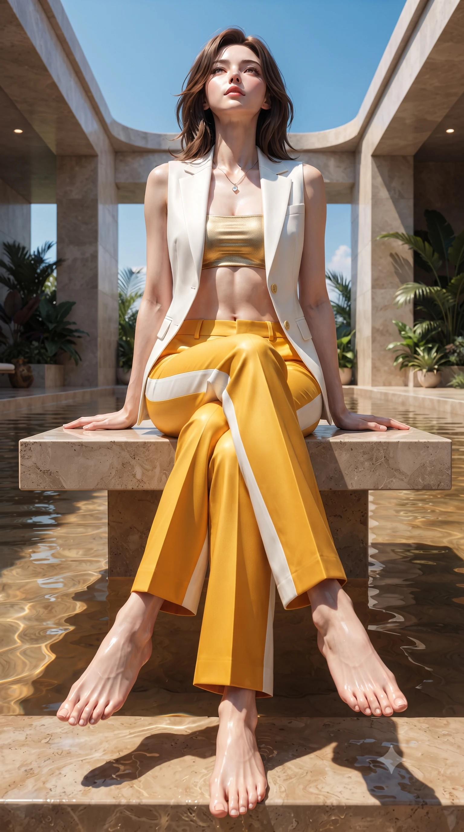 score_9, masterpiece, best quality, ultra-detailed, high-budget anime keyframe, editorial fashion photography, tasteful artistic composition, Korean woman. low angle full-body shot from head to toe showing her feet, filling the entire 9:16 vertical frame with her statuesque presence, stretching her vertical silhouette. sitting poised on the elevated edge with legs crossed and extended, her tall 8.5-heads proportions dominating the scene with effortless poise while resting on a submerged stone bench as warm water caresses her waist, head tilted back toward the open azure sky. The surrounding environment is rendered in vivid detail and crisp panoramic clarity. sparkling high-key natural chiaroscuro and luxury high-altitude botanical architecture in precision. She has an absolutely perfect, statuesque 8.5-heads proportion, an exceptionally tall and slender model-like female figure with impossibly long slender legs, a toned flat midriff, and an ultra-slim waist. sharp v-shaped jawline, high-bridge nose, intricate jewel-like eyes with depth, thick eyelashes, glossy parted lips with a natural sheen, intensely captivating and seductive expression, flawlessly proportioned anatomical accuracy, strict slender model proportions, natural body alignment, perfectly sculpted long slender limbs, ultra-slim waistline, clean dynamic posture without body distortion. wearing a tailored white solar-fiber tuxedo vest worn open over a metallic gold bandeau top and wide slacks in vibrant sunflower gold and crisp white, made of flexible bio-polymer knit with second-skin elasticity, complemented by a dainty solar crystal pendant resting near her collarbone, the precision-cut architectural openings accentuating her delicate midriff, graceful bare collarbones, and feminine curves with statuesque precision. bathed in midday azure skylight and shimmering pool water caustic bounce lights. ultra-reflective glossy finish, specular highlights, rich textural contrasts, high-contrast stereoscopic depth, volumetric dynamic lighting, 2k, ultra detail, master piece, 9:16 ratio