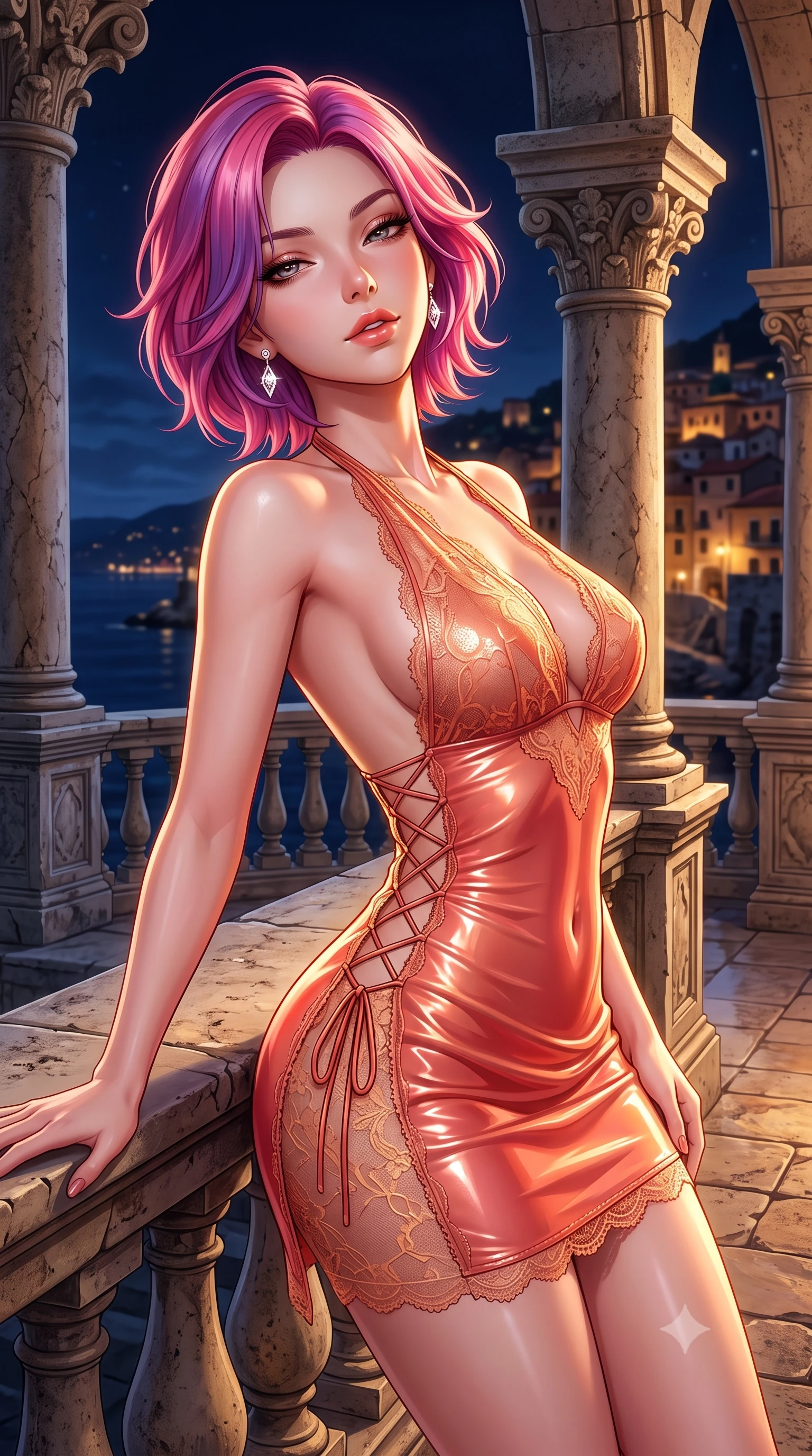 score_9, masterpiece, best quality, ultra-detailed, high-budget anime keyframe, semi-realistic 3D game render, editorial fashion photography, tasteful artistic composition, Caucasian woman. close-up cowboy shot from the waist and thighs up, the character dominates the composition, filling the frame with her large presence. leaning back against the balustrade with relaxed seductive grace, head tilted back slightly while casting a hypnotic, heavy-lidded gaze while twisting her slender torso in an alluring S-curve, midnight coastal breezes fluttering her dress around her flat midriff and feminine hips. The surrounding environment is rendered in vivid detail and crisp panoramic clarity: detailed backless halterneck column gown drape, diamond earrings sparkle, and UNESCO heritage architecture in high resolution. She has an exceptionally elegant, slender, and willowy female figure with an ultra-slim waist, flat toned midriff, narrow ribcage, and sculpted feminine hips creating an alluring, slim hourglass silhouette without bulk. sharp v-shaped jawline, high-bridge nose, sparkling eyes with hypnotic seductive depth, thick curled eyelashes, glossy parted lips with a natural dewy peach sheen, alluring bedroom-eyes with an enchanting coquettish smile, exuding magnetic siren charisma and sophisticated glamour, flawlessly proportioned anatomical accuracy, strict slender model proportions, natural body alignment, perfectly sculpted long slender limbs, ultra-slim waistline, clean dynamic posture without body distortion. wearing a backless halterneck column mini dress in shimmering liquid vinyl clinging like a second skin in Bali tropical frangipani coral and warm honey, made of delicate semi-sheer French Chantilly lace with intricate eyelash edges, featuring fine criss-cross lace-up side ties revealing tantalizing glimpses of her hip curve, the liquid-tight tailored fabric clinging flawlessly to her narrow waist and rounded feminine hips, emphasizing every millimeter of her sculpted slim hourglass curves without any bulky heaviness. illuminated by stone terrace reflection bounce and sharp warm-gold rim lights sculpting her razor-sharp jawline, narrow waist, and curvy hips. highly saturated vibrant anime colors, detailed shading with soft gradients, rich glossy textures, high-contrast stereoscopic depth, volumetric dynamic lighting, master piece, 9:16 ratio