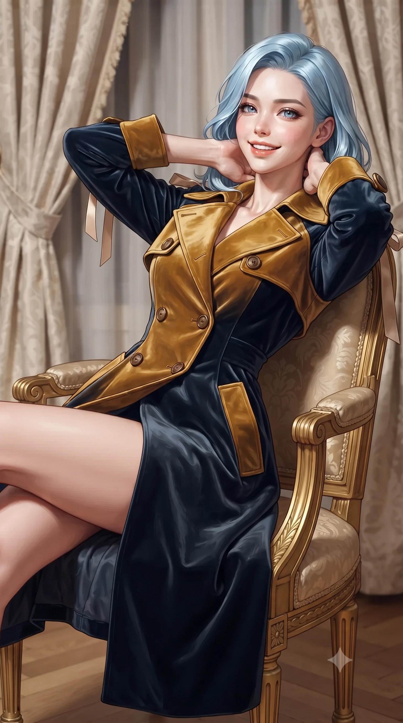 score_9, masterpiece, best quality, ultra-detailed, high-budget anime keyframe, editorial fashion photography, tasteful artistic composition, Korean woman. close-up cowboy shot from the waist and thighs up, the character dominates the composition, filling the frame with her large presence. resting both hands lightly behind her neck with elbows raised, arching her spine to highlight her narrow waist, flat midriff, and breathtaking collarbones while lounging gracefully in the gilded Louis XVI bergère chair propped on one elbow with legs extended, displaying her long slender limbs and statuesque hourglass silhouette. The background shows a soft-focus heavy cream silk damask curtains softened in high-society French casino shallow focus. She has an exceptionally elegant, slender, and willowy female figure with an ultra-slim waist, flat toned midriff, narrow ribcage, and sculpted feminine hips creating an alluring, slim hourglass silhouette without bulk. sharp v-shaped jawline, high-bridge nose, intricate jewel-like sparkling eyes with depth, thick eyelashes, glossy parted lips with a natural peach sheen, bright cheerful beaming smile with an enchanting and coquettish sensual glint, exuding both youthful cute charm and seductive allure, flawlessly proportioned anatomical accuracy, strict slender model proportions, natural body alignment, perfectly sculpted long slender limbs, ultra-slim waistline, clean dynamic posture without body distortion. wearing a structured Tulum raw silk safari trench coat with horn buttons and storm flaps in Lofoten midnight sun golden amber and Arctic deep navy, tailored from ultra-plush silk velvet with rich tactile depth and deep shadow gradients, finished with satin ribbon ties at the shoulders fluttering in the gentle breeze, the bespoke structured tailoring following the natural line of her 8.5-heads silhouette with refined elegance. illuminated by mirror reflection fill and sharp champagne-gold rim lights sculpting her jawline, narrow waist, and curvy hips. ultra-reflective glossy finish, specular highlights, rich textural contrasts, high-contrast stereoscopic depth, volumetric dynamic lighting, 2k, ultra detail, master piece, 9:16 ratio