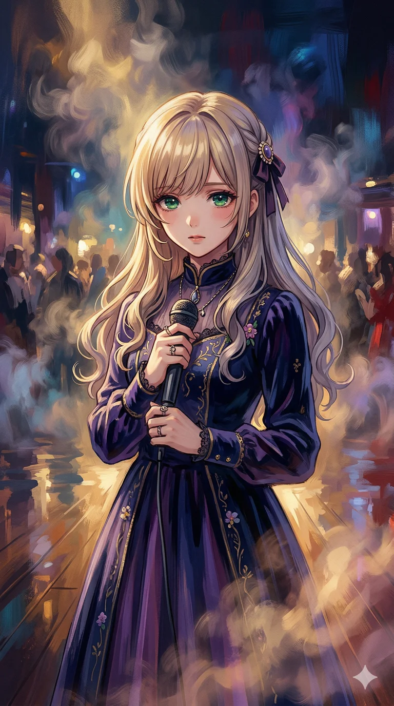 A portrait of a Japanese female idol with half red and half white hair, wearing a pastel-colored idol costume. 4k, ultra detail, master piece, 9:16 ratio