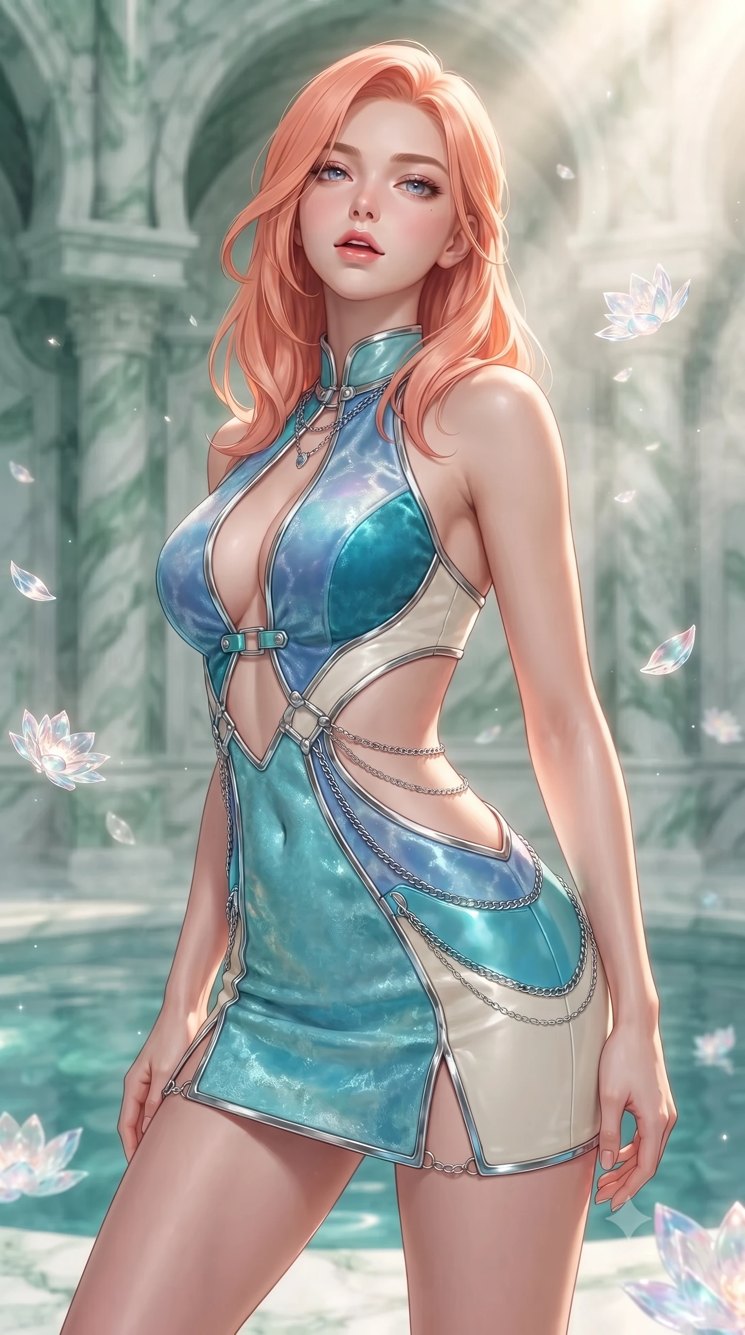 score_9, masterpiece, best quality, ultra-detailed, high-budget anime keyframe, editorial fashion photography, tasteful artistic composition, Japanese woman. close-up cowboy shot from the waist and thighs up, the character dominates the composition, filling the frame with her large presence, background elements kept in soft focus. Tilting her chin up slightly with lips parted in a composed, magnetic expression, navigating a water sanctuary as crystal lotus petals float gracefully in zero gravity, soft green and white marble architecture in background soft-focus. She has an exceptionally elegant, slender, and willowy female figure with an ultra-slim waist, a gracefully sculpted slender torso, and a refined silhouette. sharp v-shaped jawline, high-bridge nose, intricate jewel-like eyes with depth, thick eyelashes, glossy lips with a natural sheen. wearing dramatic open-waist cutout mini dress in opal velvet framed by chrome hardware in sky blue turquoise, made of polished ivory leather, framed by polished silver buckles and delicate chain details, contouring every curve with an exceptionally elegant silhouette. lit by clear golden-hour rays cascading through water garden mist. highly saturated vibrant anime colors, detailed shading with soft gradients, rich glossy textures, high-contrast stereoscopic depth, volumetric dynamic lighting, master piece, 9:16 ratio