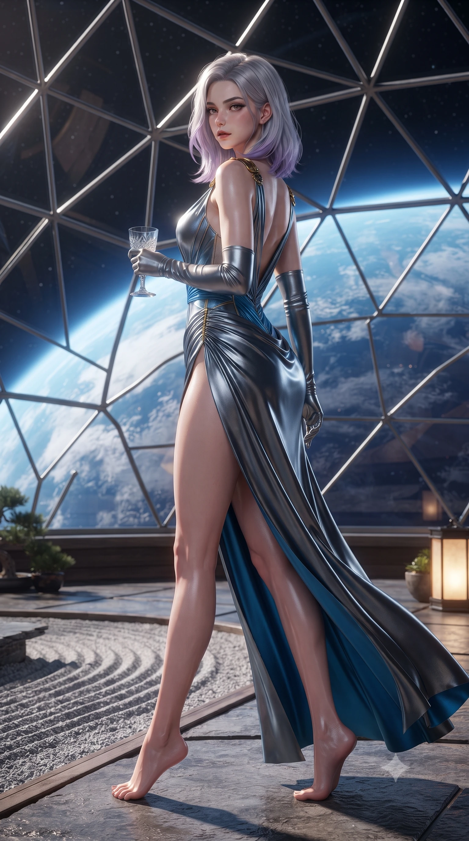 score_9, masterpiece, best quality, ultra-detailed, high-budget anime keyframe, editorial fashion photography, tasteful artistic composition, Caucasian woman. low angle full-body shot from head to toe showing her feet, filling the entire 9:16 vertical frame with her statuesque presence, stretching her vertical silhouette. posing with back turned slightly to the lens, glancing back with smoldering allure as she arches her lower back to emphasize her sculpted feminine hips and slender waist while striding slowly around the orbital sanctuary perimeter, her fluid silk robes clinging to her narrow waist and long slender legs. The surrounding environment is rendered in vivid detail and crisp panoramic clarity. sharp raked zen gravel ridges, weathered cedarwood grain, and geodesic glass dome strut clarity in deep focus. She has an exceptionally tall and slender model-like 8.5-heads proportion, an ultra-slim waist, a flat toned midriff, narrow delicate ribcage, and beautifully sculpted feminine hips creating a graceful, slim hourglass silhouette without any bulky heaviness, with impossibly long slender legs. sharp v-shaped jawline, high-bridge nose, intricate jewel-like eyes with depth, thick eyelashes, glossy parted lips with a natural sheen, intensely captivating and seductive bedroom-eyes expression, flawlessly proportioned anatomical accuracy, strict slender model proportions, natural body alignment, perfectly sculpted long slender limbs, ultra-slim waistline, clean dynamic posture without body distortion. wearing a high-slit Grecian goddess draped gown with asymmetrical gold shoulder clasps and hip gathering in metallic gunmetal and electric azure, made of fluid silk crepe with delicate inner corsetry boning, accessorized with opera-length satin gloves and a vintage crystal glass, the second-skin form-contouring cut accentuating her sculpted flat midriff, narrow delicate ribcage, and gracefully curvy hips with supermodel precision. bathed in pure, soft sapphire earth-shine from the massive planet below and warm hidden floor lantern glow. ultra-reflective glossy finish, specular highlights, rich textural contrasts, high-contrast stereoscopic depth, volumetric dynamic lighting, 2k, ultra detail, master piece, 9:16 ratio