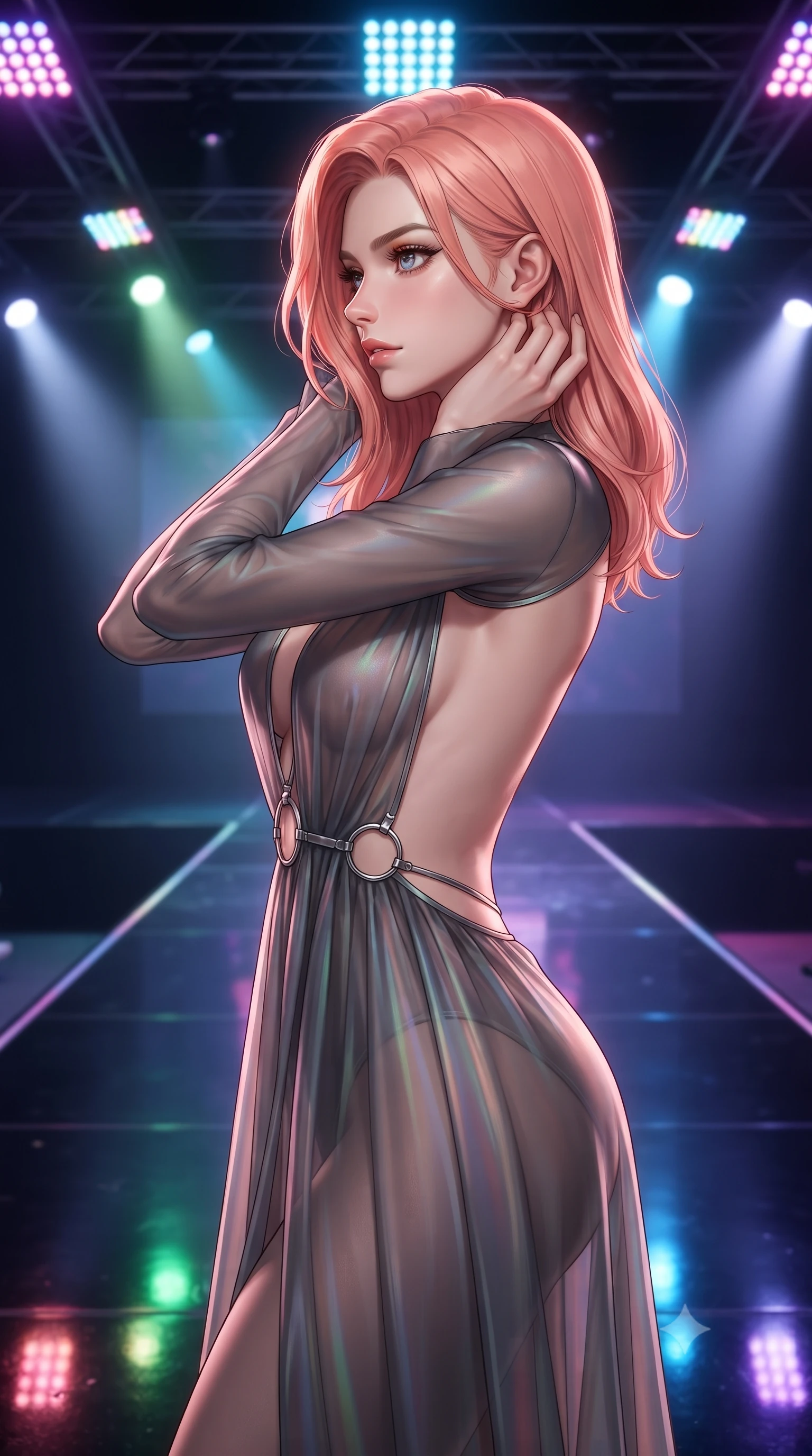 score_9, masterpiece, best quality, ultra-detailed, high-budget anime keyframe, editorial fashion photography, tasteful artistic composition, Japanese woman. close-up cowboy shot from the waist and thighs up, the character dominates the composition, filling the frame with her large presence, background elements kept in soft focus. Turning her face in sharp dramatic profile against the bright light, showcasing her sharp v-shaped jawline walking down a shiny dark stage catwalk under pulsing multi-color LED arrays, shiny dark stage surface reflecting every concert light beam vividly. She has an exceptionally elegant, slender, and willowy female figure with an ultra-slim waist, a gracefully sculpted slender torso, and a refined silhouette. sharp v-shaped jawline, high-bridge nose, intricate jewel-like eyes with depth, thick eyelashes, glossy lips with a natural sheen. wearing a translucent iridescent chiffon gown with a plunging neckline and open back in charcoal grey and platinum, crafted from iridescent chiffon that shifts colors in the light, accented with delicate chrome ring hardware framing her waist, the glove-like fit emphasizing her statuesque silhouette. bathed in intense volumetric stage spotlights and vivid neon rim lights. highly saturated vibrant anime colors, detailed shading with soft gradients, rich glossy textures, high-contrast stereoscopic depth, volumetric dynamic lighting, master piece, 9:16 ratio