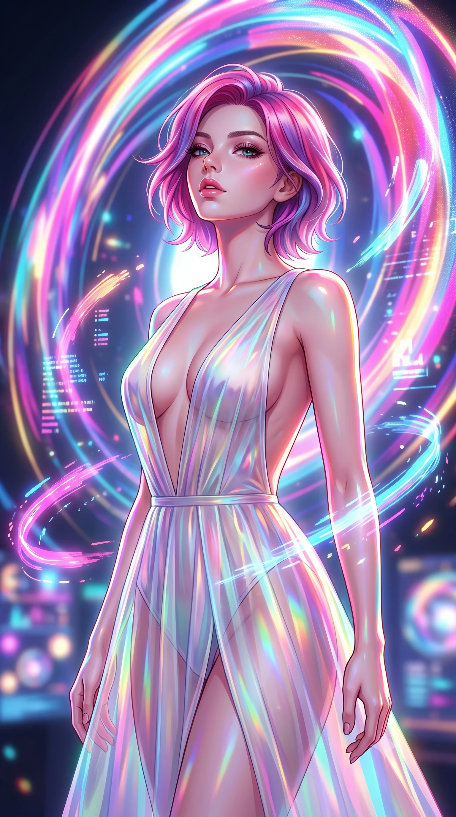 score_9, masterpiece, best quality, ultra-detailed, high-budget anime keyframe, editorial fashion photography, tasteful artistic composition, Caucasian woman. close-up cowboy shot from the waist and thighs up, the character dominates the composition, filling the frame with her large presence, background elements kept in soft focus. Tilting her chin up slightly with lips parted in a magnetic, composed expression poised before a giant holographic canvas emitting luminous color arcs, glowing neon brushstrokes floating poetically around her silhouette. She has an exceptionally elegant, slender, and willowy female figure with an ultra-slim waist, a gracefully sculpted slender torso, and a refined silhouette. sharp v-shaped jawline, high-bridge nose, intricate jewel-like eyes with depth, thick eyelashes, glossy lips with a natural sheen. wearing a translucent iridescent chiffon gown with a dramatic plunging neckline and open back, the glove-like fit emphasizing her statuesque silhouette. drenched in bright white key light with colorful prismatic rim lighting. highly saturated vibrant anime colors, detailed shading with soft gradients, rich glossy textures, high-contrast stereoscopic depth, volumetric dynamic lighting, master piece, 9:16 ratio