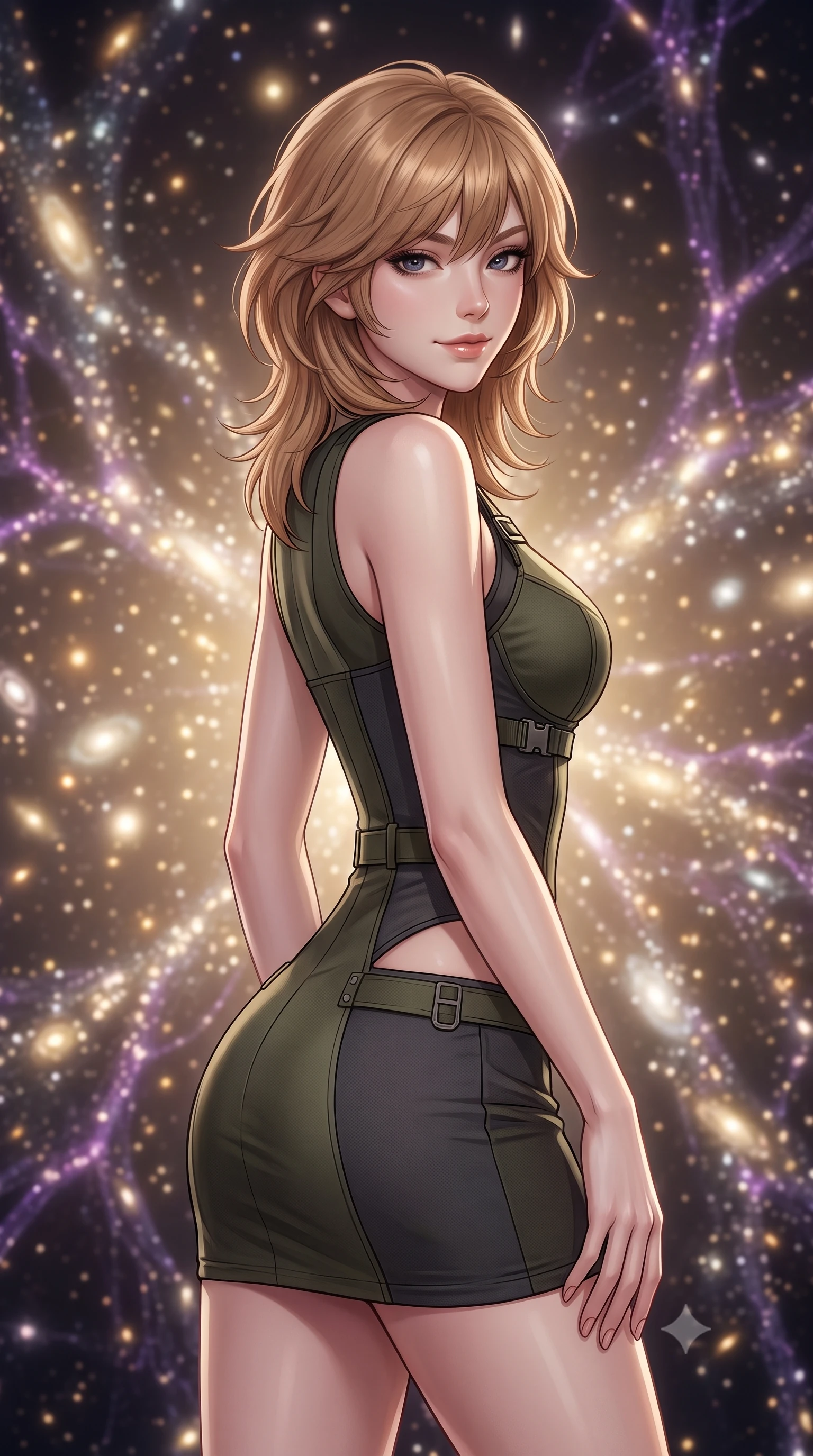 score_9, masterpiece, best quality, ultra-detailed, high-budget anime keyframe, editorial fashion photography, tasteful artistic composition, Korean woman. close-up cowboy shot from the waist and thighs up, the character dominates the composition, filling the frame with her large presence, background elements kept in soft focus. Glancing sidelong over her shoulder with a smoldering half-smile. set against a soft-focus background of at the grand intersection point of cosmic web filaments where streams of thousands of galaxies flow in luminous rivers along dark matter scaffolding the largest structure in the universe made visible. She has an exceptionally elegant and slender, willowy female figure with an ultra-slim waist, a gracefully sculpted slender torso, and a refined slim physique. sharp v-shaped jawline, high-bridge nose, intricate jewel-like eyes with depth, thick eyelashes, glossy lips with a natural sheen. wearing a combat mini dress in dark olive green and charcoal, featuring subtle hip cutouts and a structured bodice. diffuse warm glow from millions of galaxies flowing along the cosmic web filaments in gold and white with dark matter framework creating subtle purple fluorescence. 2k, ultra detail, master piece, 9:16 ratio