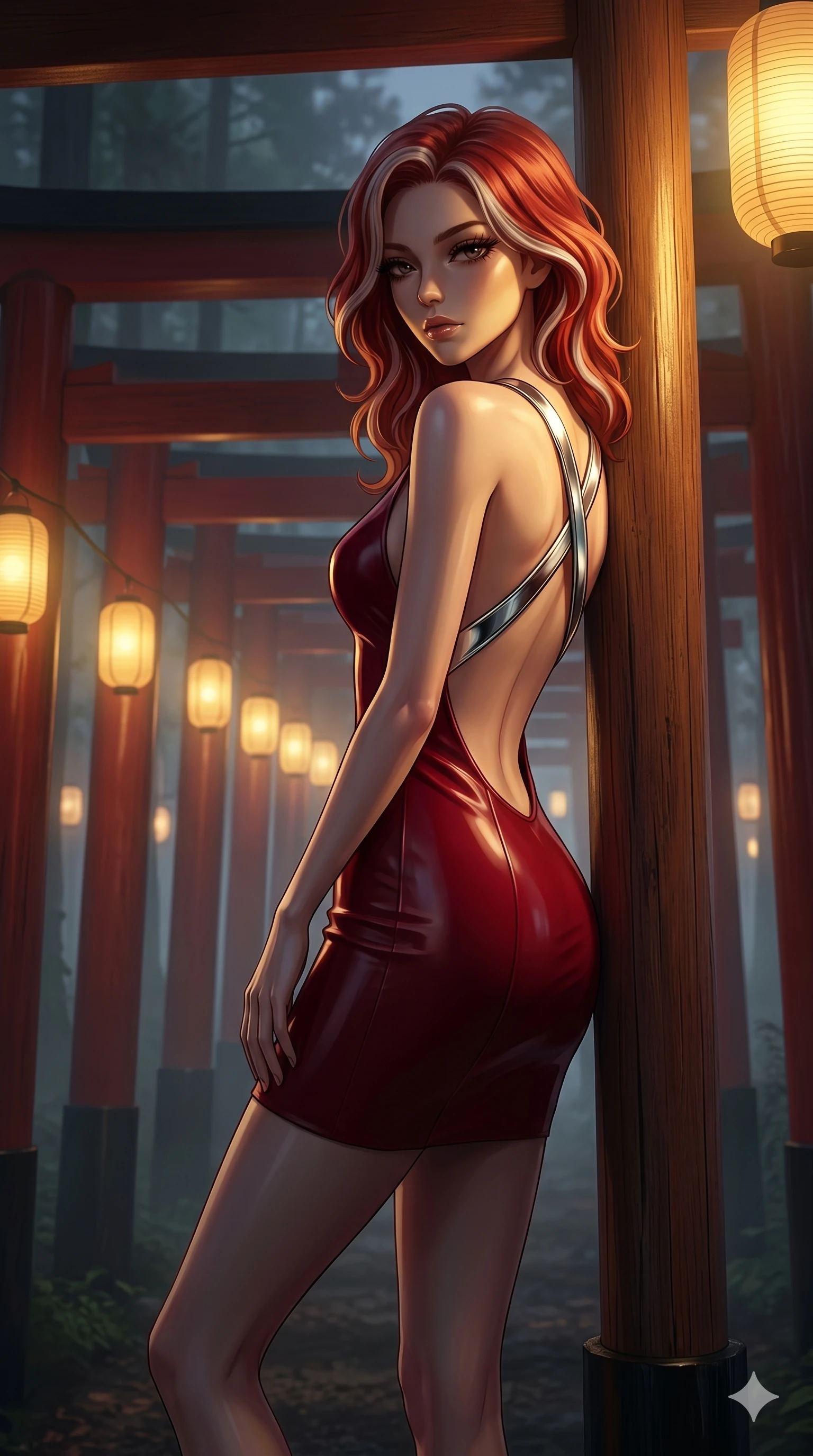 score_9, masterpiece, best quality, ultra-detailed, high-budget anime keyframe, editorial fashion photography, tasteful artistic composition, Caucasian woman, strictly human ears. cowboy shot from the thighs up, character and outfit filling the frame for maximum editorial presence. Casting a slow, direct gaze beneath heavy lashes with quiet intensity amidst a Japanese torii gate forest with golden fog-lit lanterns. She has an absolutely perfect 8-heads proportion, an exceptionally tall and slender female figure with impossibly long slender legs and an ultra-slim waist. V-shaped jawline, high-bridge nose, intricate jewel-like eyes with depth, thick eyelashes, glossy lips with a natural sheen. wearing a structured deep-cherry-red fashion-latex fitted dress with a clean architectural front and a dramatic open-back design with a single criss-cross strap in chrome across the bare back. lit by dramatic chiaroscuro with a single golden key light carving her facial contours and figure. 2k, ultra detail, master piece, 9:16 ratio