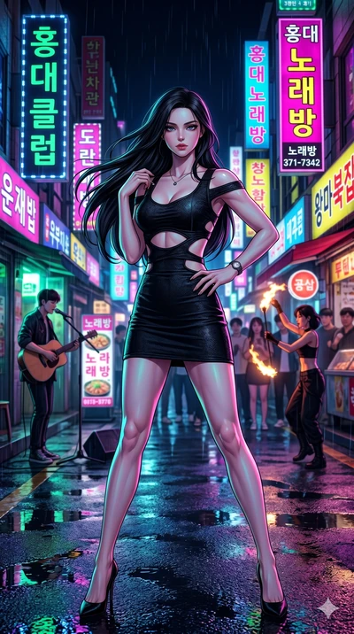 score_9, score_8_up, score_7_up, source_anime, masterpiece, best quality, ultra-detailed, same character with long flowing black hair, wearing a black bodycon mini dress with cut-out details, full body shot standing under neon signs in Hongdae at nig