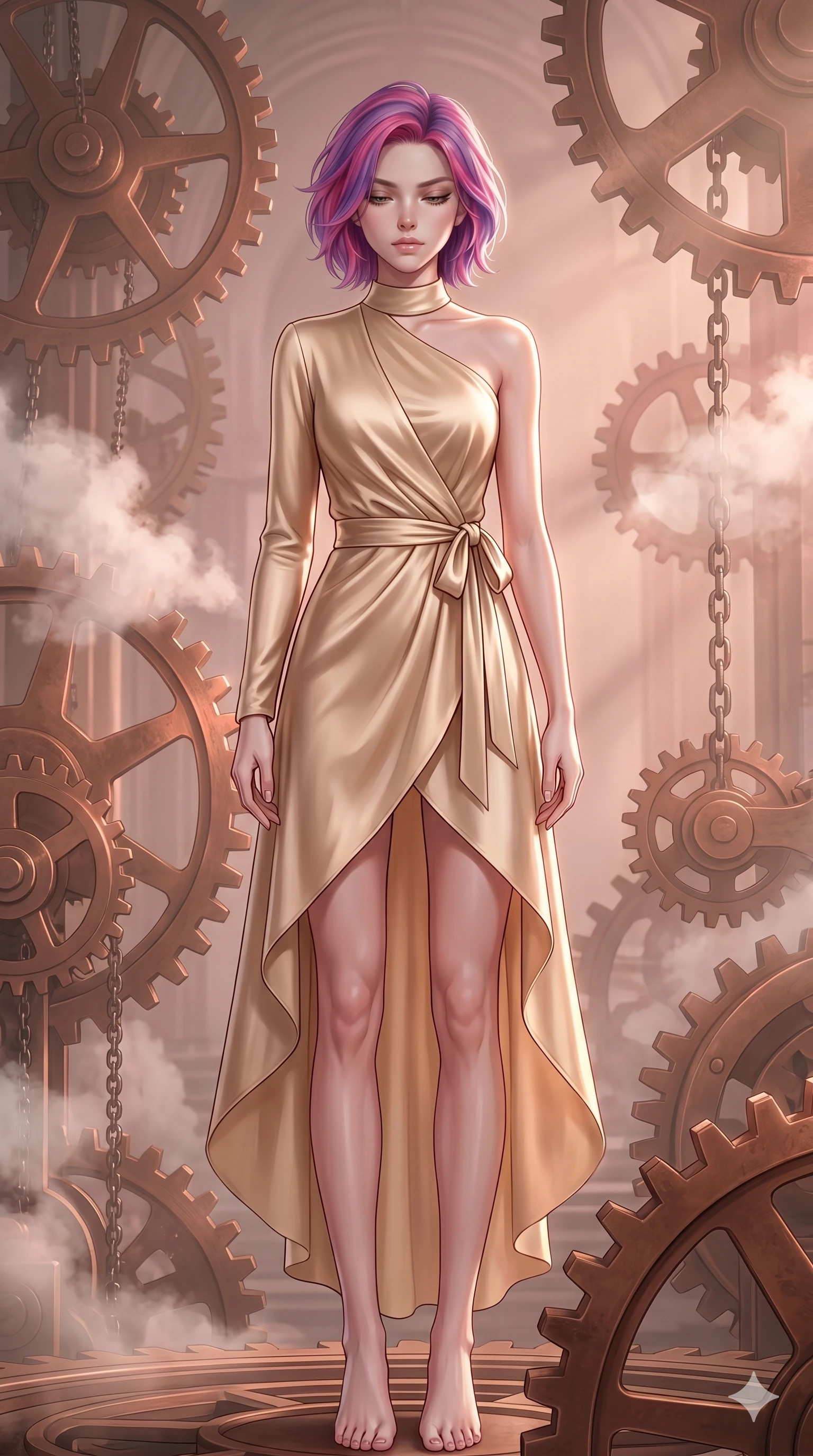 score_9, masterpiece, best quality, ultra-detailed, high-budget anime keyframe, editorial fashion photography, tasteful artistic composition, Caucasian woman, strictly human ears. cowboy shot from the thighs up, character and outfit filling the frame for maximum editorial presence. Looking down with lowered lashes and a composed, powerful expression inside an ancient clockwork cathedral where giant copper gears rotate amidst floating steam clouds. She has an absolutely perfect 8-heads proportion, an exceptionally tall and slender female figure with impossibly long slender legs and an ultra-slim waist. V-shaped jawline, high-bridge nose, intricate jewel-like eyes with depth, thick eyelashes, glossy lips with a natural sheen. wearing a champagne-gold asymmetric wrap dress in fluid satin with a single long sleeve, a sculpted collarbone line, and a self-tying sash that cinches the waist, falling to a high-low hemline. bathed in soft rose-gold dawn light filtering through atmospheric volumetric fog that wraps her silhouette. 2k, ultra detail, master piece, 9:16 ratio