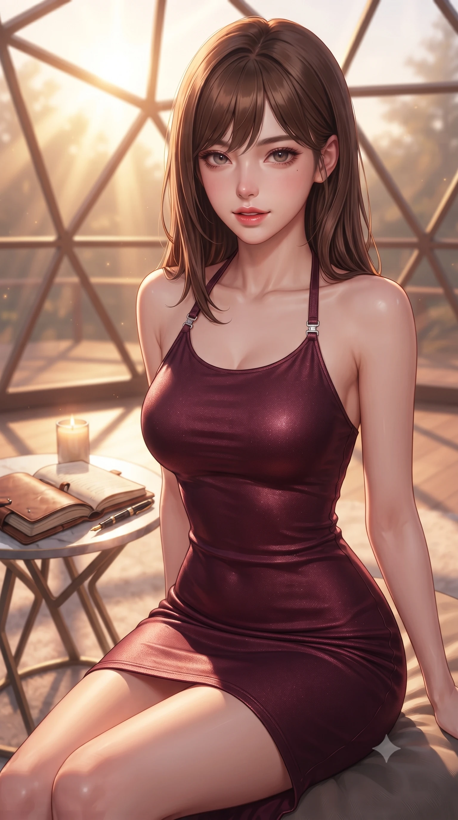 score_9, masterpiece, best quality, ultra-detailed, high-budget anime keyframe, editorial fashion photography, tasteful artistic composition, Korean woman. close-up cowboy shot from the waist and thighs up, the character dominates the composition, filling the frame with her large presence, background elements kept in soft focus. gazing directly into the camera with a smoldering, magnetic half-smile, her glossy lips parted alluringly set against a soft-focus background of inside an exclusive geodesic dome with an open leather journal and a gold fountain pen sitting next to a candle. She has an exceptionally elegant, slender, and willowy female figure with an ultra-slim waist, a gracefully sculpted slender torso, and a refined silhouette. sharp v-shaped jawline, high-bridge nose, intricate jewel-like eyes with depth, thick eyelashes, glossy lips with a natural sheen. wearing slim-fit deep burgundy metallic jersey form-contouring cashmere halter dress tracing her statuesque physique accented with delicate silver hardware. bathed in warm golden hour sunbeams that cast long, romantic shadows across the floor. highly saturated vibrant anime colors, detailed shading with soft gradients, rich glossy textures, high-contrast stereoscopic depth, volumetric dynamic lighting, master piece, 9:16 ratio