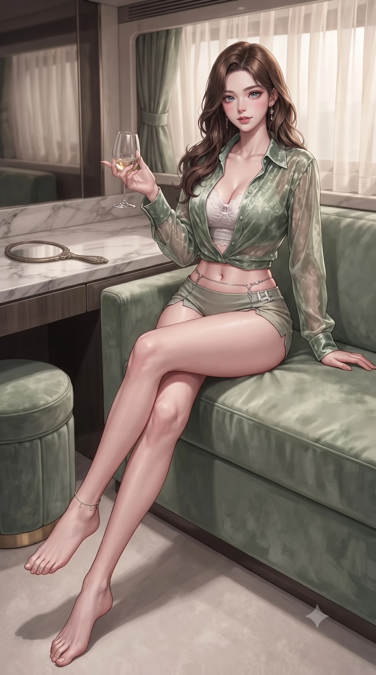 score_9, masterpiece, best quality, ultra-detailed, high-budget anime keyframe, editorial fashion photography, tasteful artistic composition, Korean woman. low angle full-body shot from head to toe showing her feet, filling the entire 9:16 vertical frame with her statuesque presence, stretching her vertical silhouette. sitting on a plush velvet sofa with her long slender legs crossed elegantly, gesturing cutely with a wine glass set against a soft-focus background of inside an exclusive yacht cabin with a velvet-wrapped stool and an antique hand mirror resting on a marble counter. She has an absolutely perfect, statuesque 8.5-heads proportion, an exceptionally tall and slender model-like female figure with impossibly long slender legs and an ultra-slim waist. sharp v-shaped jawline, high-bridge nose, intricate jewel-like eyes with depth, thick eyelashes, glossy lips with a natural sheen. wearing slim-fit sage green crushed velvet sheer organza button-up shirt worn over a lace-accented crop top and high-cut mini shorts accented with delicate silver hardware. softened by diffused twilight glow filtering through sheer chiffon window curtains. highly saturated vibrant anime colors, detailed shading with soft gradients, rich glossy textures, high-contrast stereoscopic depth, volumetric dynamic lighting, master piece, 9:16 ratio