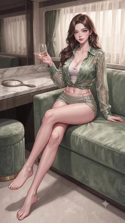 score_9, masterpiece, best quality, ultra-detailed, high-budget anime keyframe, editorial fashion photography, tasteful artistic composition, Korean woman. low angle full-body shot from head to toe showing her feet, filling the entire 9:16 vertical f