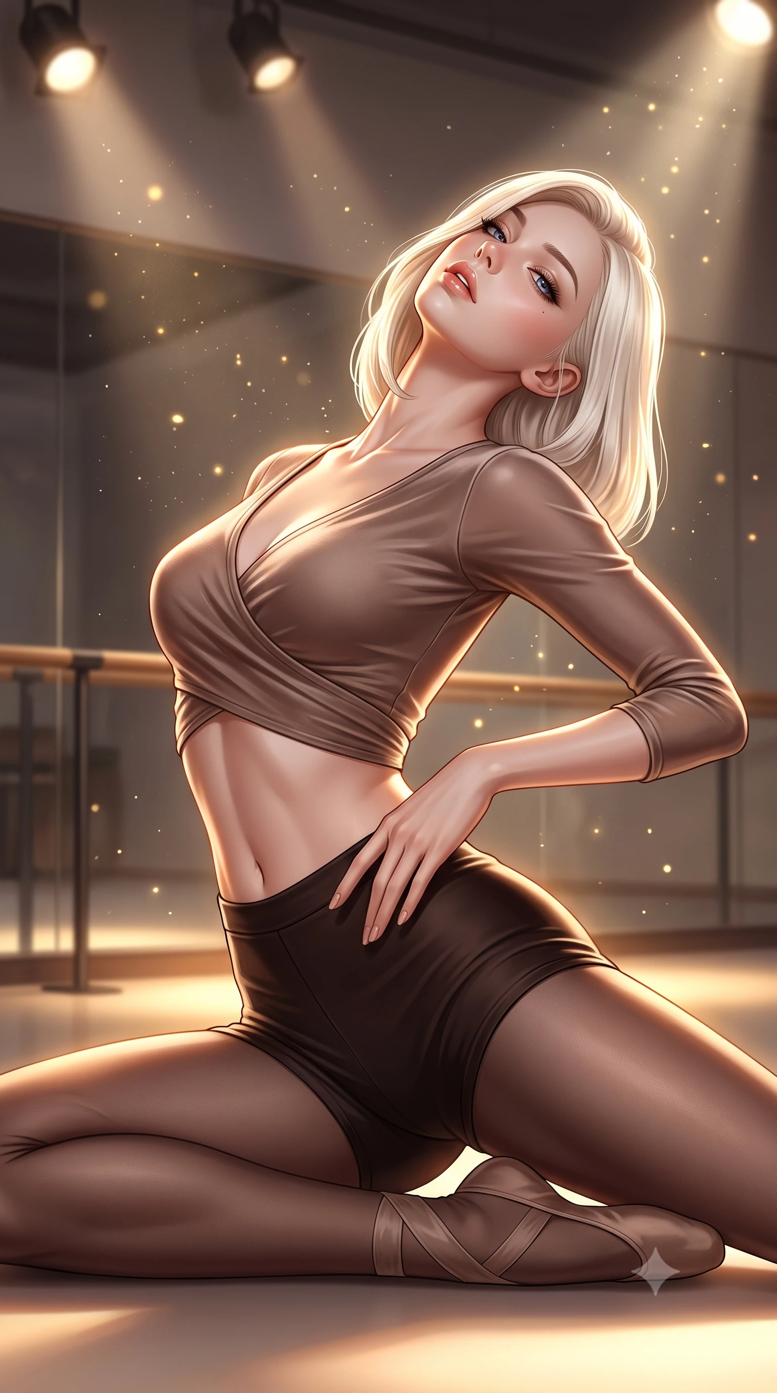 score_9, masterpiece, best quality, ultra-detailed, high-budget anime keyframe, semi-realistic 3D game render, editorial fashion photography, tasteful artistic composition, Caucasian woman. close-up cowboy shot from the waist and thighs up, the character dominates the composition, filling the frame with her large presence. arching her spine backward with effortless dancer poise, one hand sliding along her hip line as directional light carves specular highlights along her silhouette while reclining on the dance studio floor propped up on one hip, head tilted back in ecstasy with parted lips as warm spotlights trace her silhouette. The composition keeps background elements in soft focus with creamy bokeh. floating micro-chalk particles and spotlight beams scattering luminous golden light motes. She has an exceptionally elegant, slender, and willowy female figure with an ultra-slim waist, a gracefully sculpted slender torso, toned flat midriff, and rounded feminine hips creating an alluring hourglass silhouette. sharp v-shaped jawline, high-bridge nose, intricate jewel-like eyes with depth, thick eyelashes, glossy parted lips with a natural sheen, intensely captivating and seductive bedroom-eyes expression, flawlessly proportioned anatomical accuracy, strict slender model proportions, natural body alignment, perfectly sculpted long slender limbs, ultra-slim waistline, clean dynamic posture without body distortion. wearing a chic ballerina wrap top paired with form-fitting stretch shorts and sheer stirrup tights in mocha taupe and dark espresso, made of flexible stretch velvet with rich specular luster, accented with sheer stirrup wrap ribbons along her long slender legs, the form-contouring material adhering flawlessly to her sculpted flat midriff and slender torso, emphasizing her long leg lines and perfectly proportioned willowy build. bathed in warm floor-level uplighting and dramatic overhead theatrical spotlights. highly saturated vibrant anime colors, detailed shading with soft gradients, rich glossy textures, high-contrast stereoscopic depth, volumetric dynamic lighting, master piece, 9:16 ratio