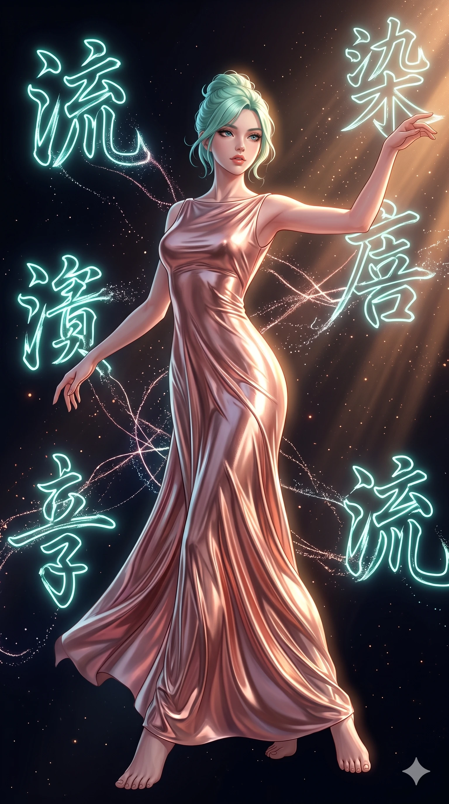score_9, masterpiece, best quality, ultra-detailed, high-budget anime keyframe, editorial fashion photography, tasteful artistic composition, Japanese woman. low angle full-body shot from head to toe showing her feet, filling the entire 9:16 vertical frame with her statuesque presence, stretching her vertical silhouette. dancing with weightless grace through a vast dark space where massive neon-lit brushstrokes of East Asian calligraphy characters float and pulse with energy each stroke trailing luminous ink particles that dissolve into the void. She has a statuesque 8.5-heads proportion, an exceptionally tall, slender and willowy model-like build with impossibly long legs and a highly sculpted ultra-slim waist. sharp v-shaped jawline, high-bridge nose, intricate jewel-like eyes with depth, thick eyelashes, glossy lips with a natural sheen. wearing a liquid metallic rose gold evening gown with a high boat neckline, flowing like liquid metal along her statuesque slender frame. golden hour sunlight streaming in warm shafts with floating dust particles catching the light. 2k, ultra detail, master piece, 9:16 ratio