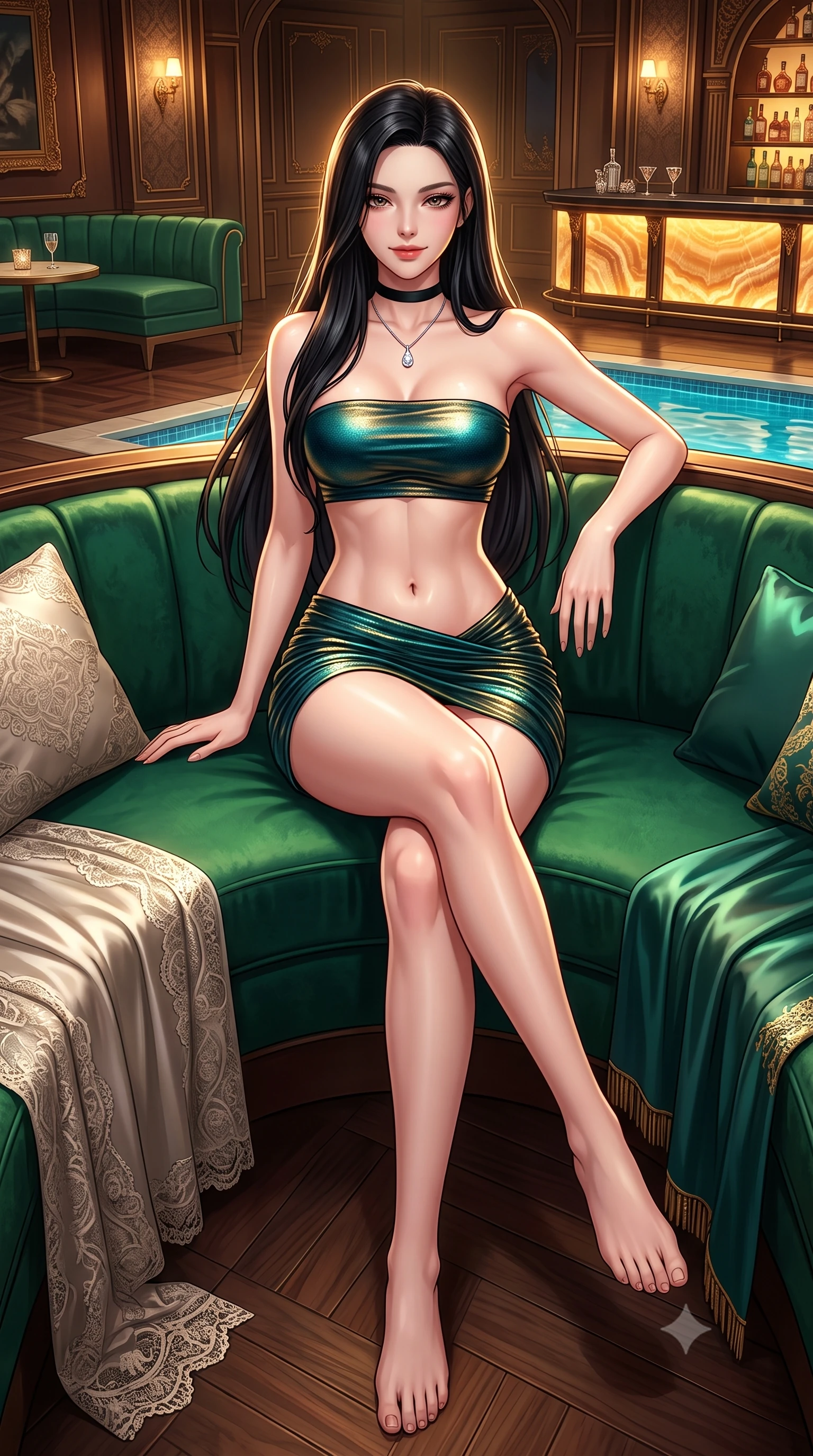 score_9, masterpiece, best quality, ultra-detailed, high-budget anime keyframe, semi-realistic 3D game render, editorial fashion photography, tasteful artistic composition, Korean woman. low angle full-body shot from head to toe showing her feet, filling the entire 9:16 vertical frame with her statuesque presence, stretching her vertical silhouette. lounging on the lavish poolside daybed with legs crossed and hips angled toward the camera, displaying her toned midriff and long slender limbs with effortless siren poise while lounging across an emerald-green curved velvet banquette with legs crossed, arching her lower back with magnetic femme fatale elegance. The surrounding environment is rendered in vivid detail and crisp panoramic clarity: detailed lace/satin fabric weave, diamond jewelry glints, and opulent speakeasy interior craftsmanship in razor-sharp precision. She has an absolutely perfect, statuesque 8.5-heads proportion, an exceptionally tall and slender model-like female figure with impossibly long slender legs, an ultra-slim waist, a flat toned midriff, narrow delicate ribcage, and beautifully sculpted feminine hips creating a graceful, slim hourglass silhouette without any bulky heaviness. sharp v-shaped jawline, high-bridge nose, sparkling eyes with hypnotic seductive depth, thick curled eyelashes, glossy parted lips with a natural dewy peach sheen, alluring bedroom-eyes with an enchanting coquettish smile, exuding magnetic siren charisma and sophisticated high-fashion glamour, flawlessly proportioned anatomical accuracy, strict slender model proportions, natural body alignment, perfectly sculpted long slender limbs, ultra-slim waistline, clean dynamic posture without body distortion. wearing a liquid metallic lamé bandeau top paired with a curve-accentuating ruched low-rise mini skirt in deep peacock teal and burnished antique brass, woven from stretch metallic lurex jersey casting radiant starlight glints across her silhouette, finished with a thin velvet ribbon choker and a single teardrop diamond pendant, the form-contouring silhouette accentuating her sculpted flat midriff, narrow delicate ribcage, and gracefully curvy hips with intoxicating allure. illuminated by backlit onyx bar glow and sharp warm-gold rim lights defining her razor-sharp jawline, ultra-slim waist, and curvy hips. highly saturated vibrant anime colors, detailed shading with soft gradients, rich glossy textures, high-contrast stereoscopic depth, volumetric dynamic lighting, master piece, 9:16 ratio