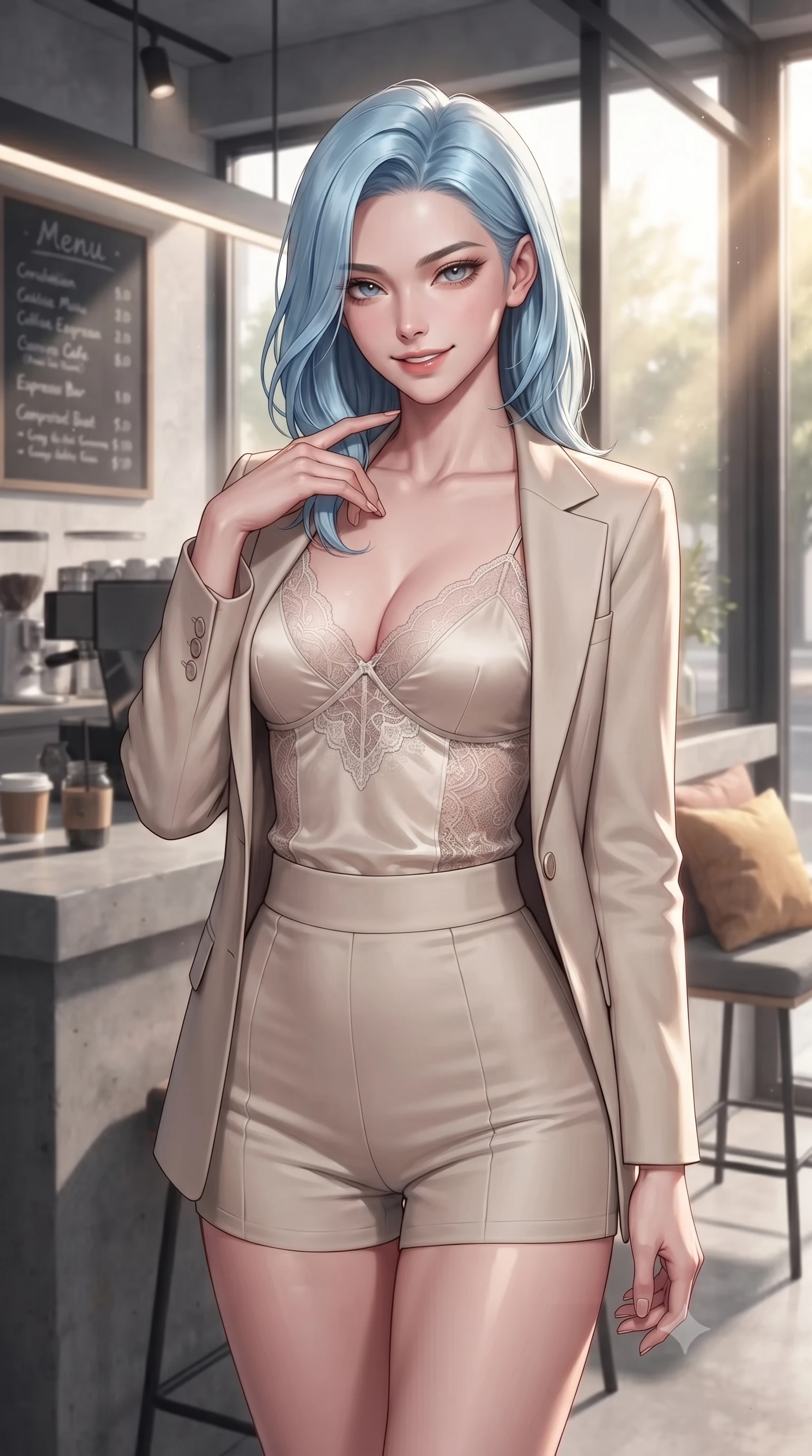 score_9, masterpiece, best quality, ultra-detailed, high-budget anime keyframe, editorial fashion photography, tasteful artistic composition, Korean woman. close-up cowboy shot from the waist and thighs up, the character dominates the composition, filling the frame with her large presence, background elements kept in soft focus. gently tracing her finger along her collarbone with a captivating, confident smile set against a soft-focus background of inside a modern minimalist espresso bar with sleek glass windows and concrete counters with a handwritten menu board and cozy cushions on the chairs. She has an exceptionally elegant, slender, and willowy female figure with an ultra-slim waist, a gracefully sculpted slender torso, and a refined silhouette. sharp v-shaped jawline, high-bridge nose, intricate jewel-like eyes with depth, thick eyelashes, glossy lips with a natural sheen. wearing tailored delicate silk camisole with lace panels and a tailored blazer worn open over form-contouring shorts. warm morning sunbeams filtering through the large front glass windows. ultra-reflective glossy finish, specular highlights, metallic sheen, high-contrast stereoscopic depth, volumetric dynamic lighting, 2k, ultra detail, master piece, 9:16 ratio